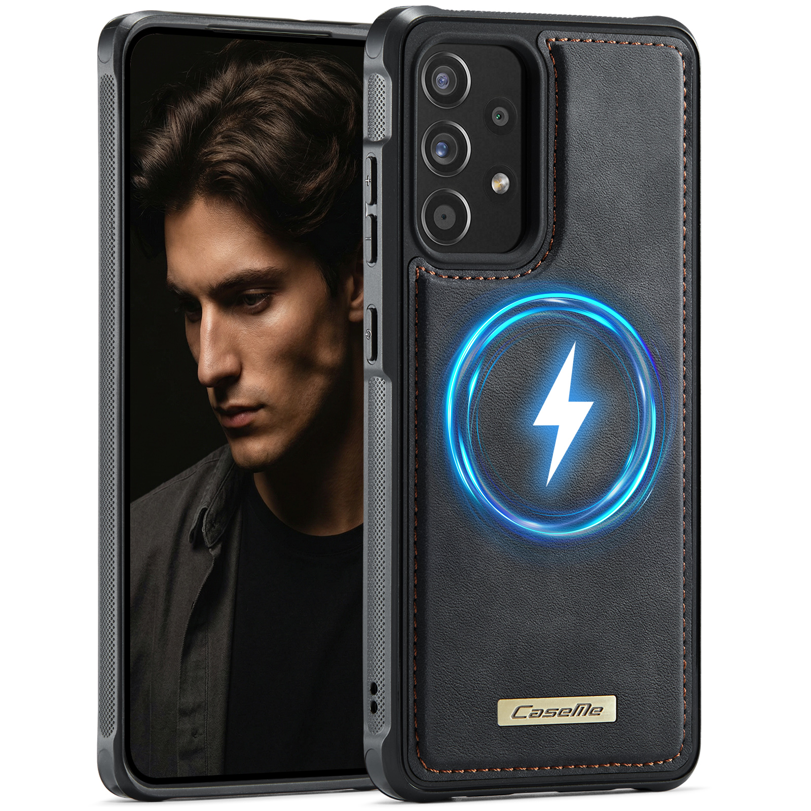 CaseMe For Samsung Galaxy A53 5G C69 Series Magnetic Case Leather Coated TPU Phone Cover - Black