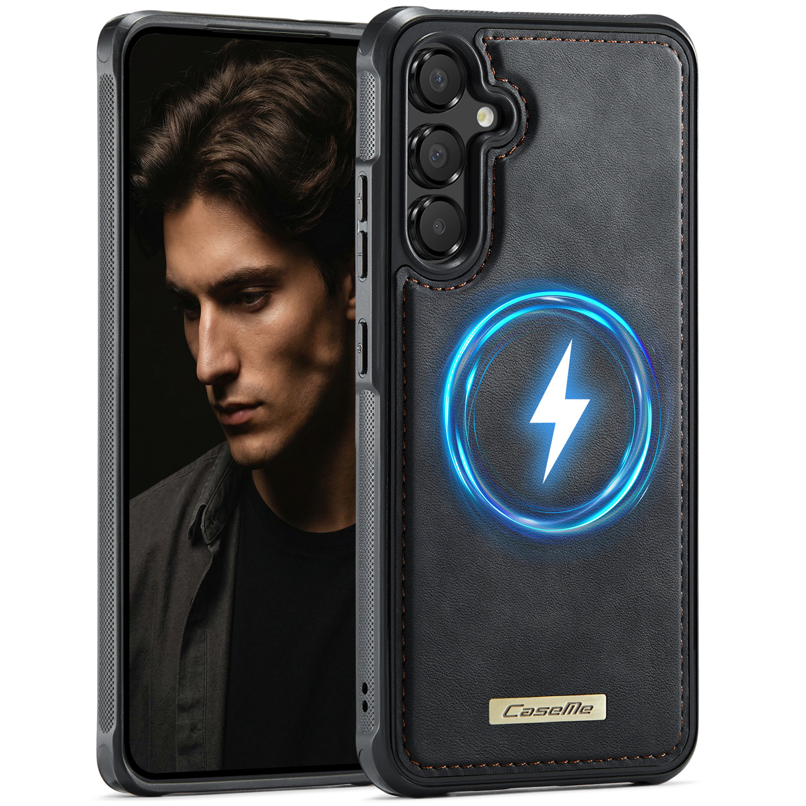 CaseMe For Samsung Galaxy A54 5G C69 Series Magnetic Case Leather Coated TPU Phone Cover - Black