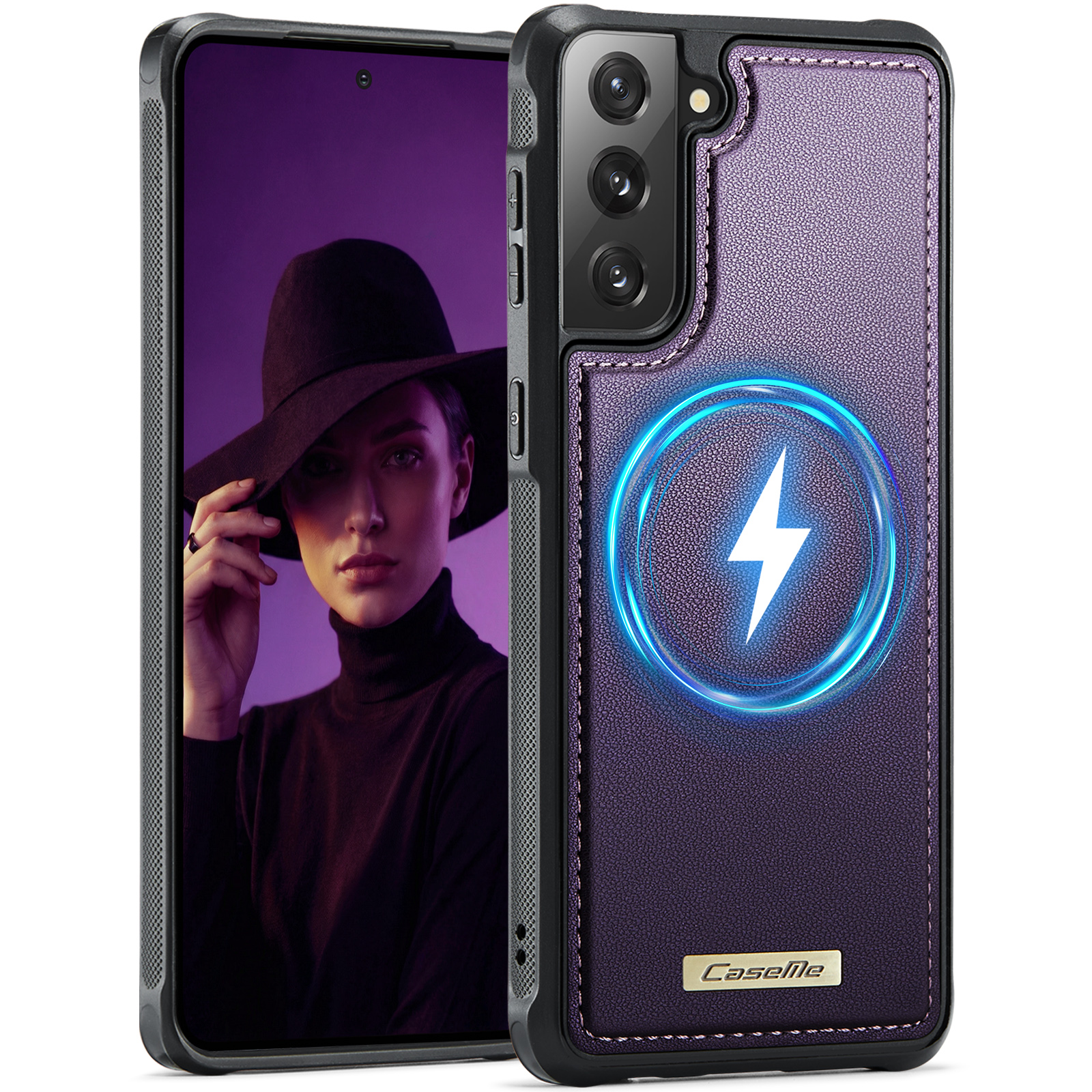 CaseMe For Samsung Galaxy S21 4G / Galaxy S21 5G C69 Series Magnetic Case Leather Coated TPU Phone Cover - Purple
