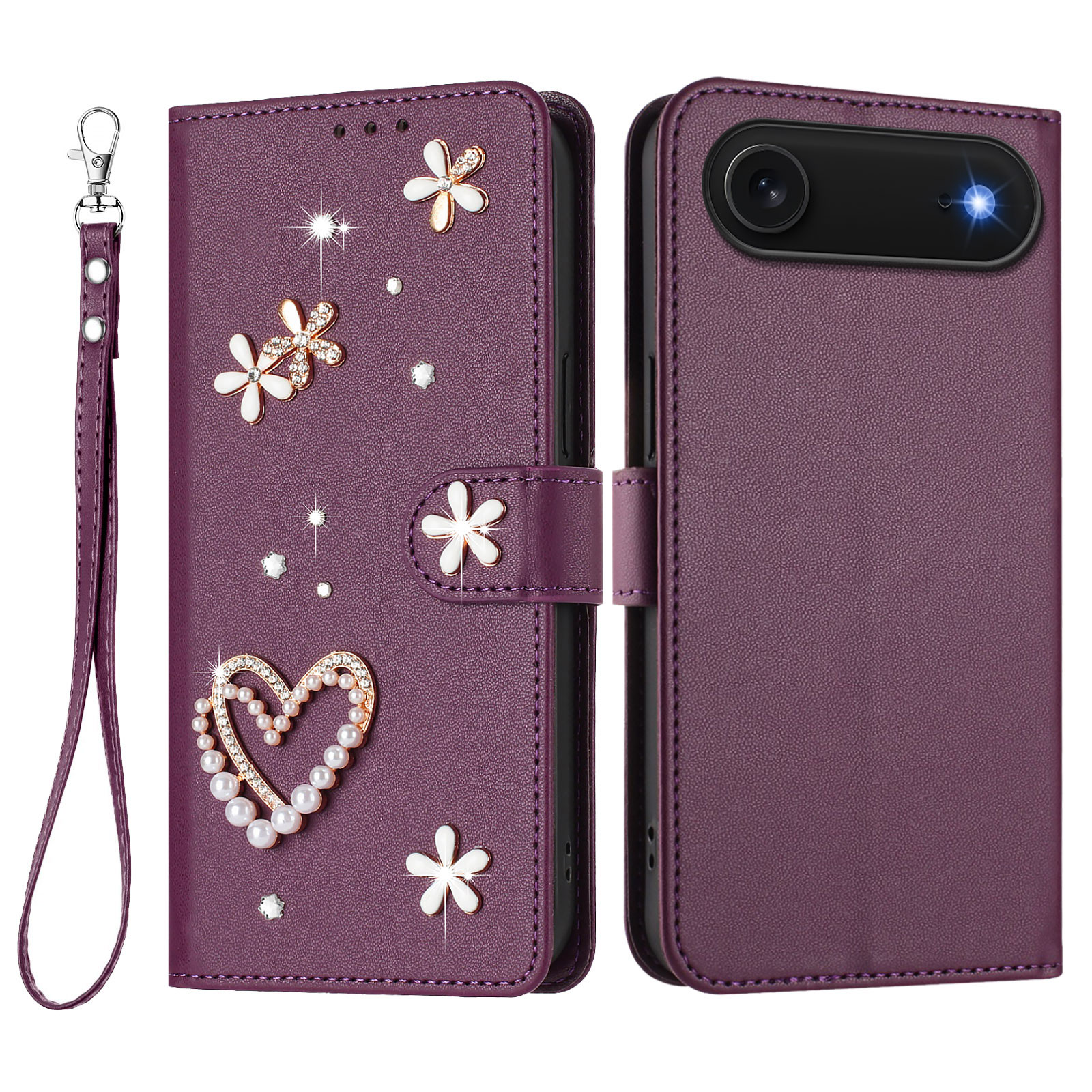 For iPhone Air Case Pearls Heart Diamond Flower Decor Leather Wallet Phone Cover with Wrist Strap - Violet