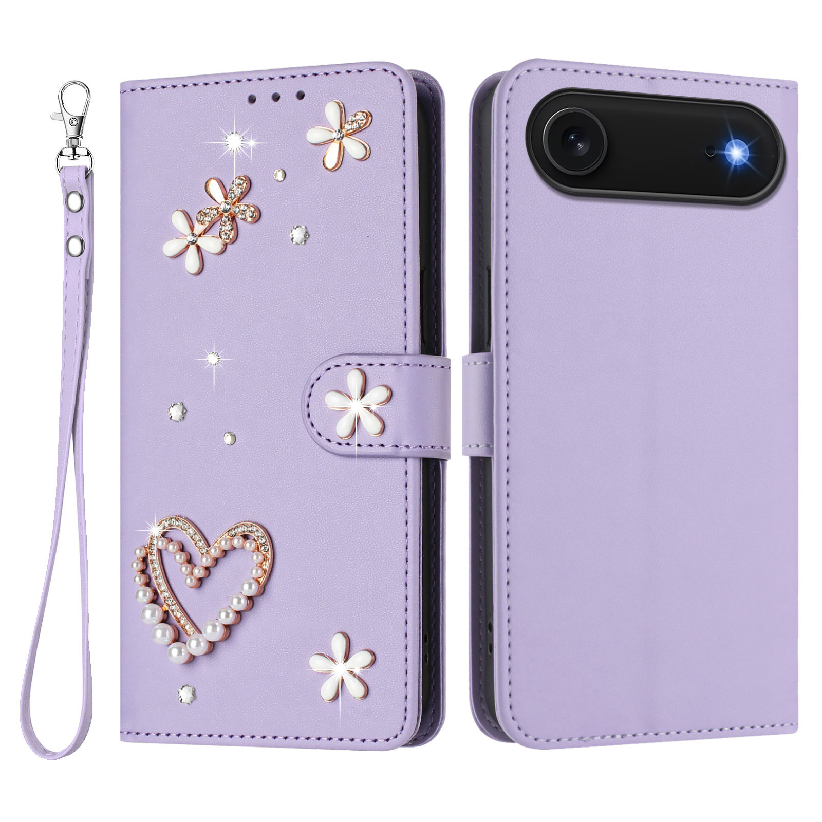 For iPhone Air Case Pearls Heart Diamond Flower Decor Leather Wallet Phone Cover with Wrist Strap - Light Purple