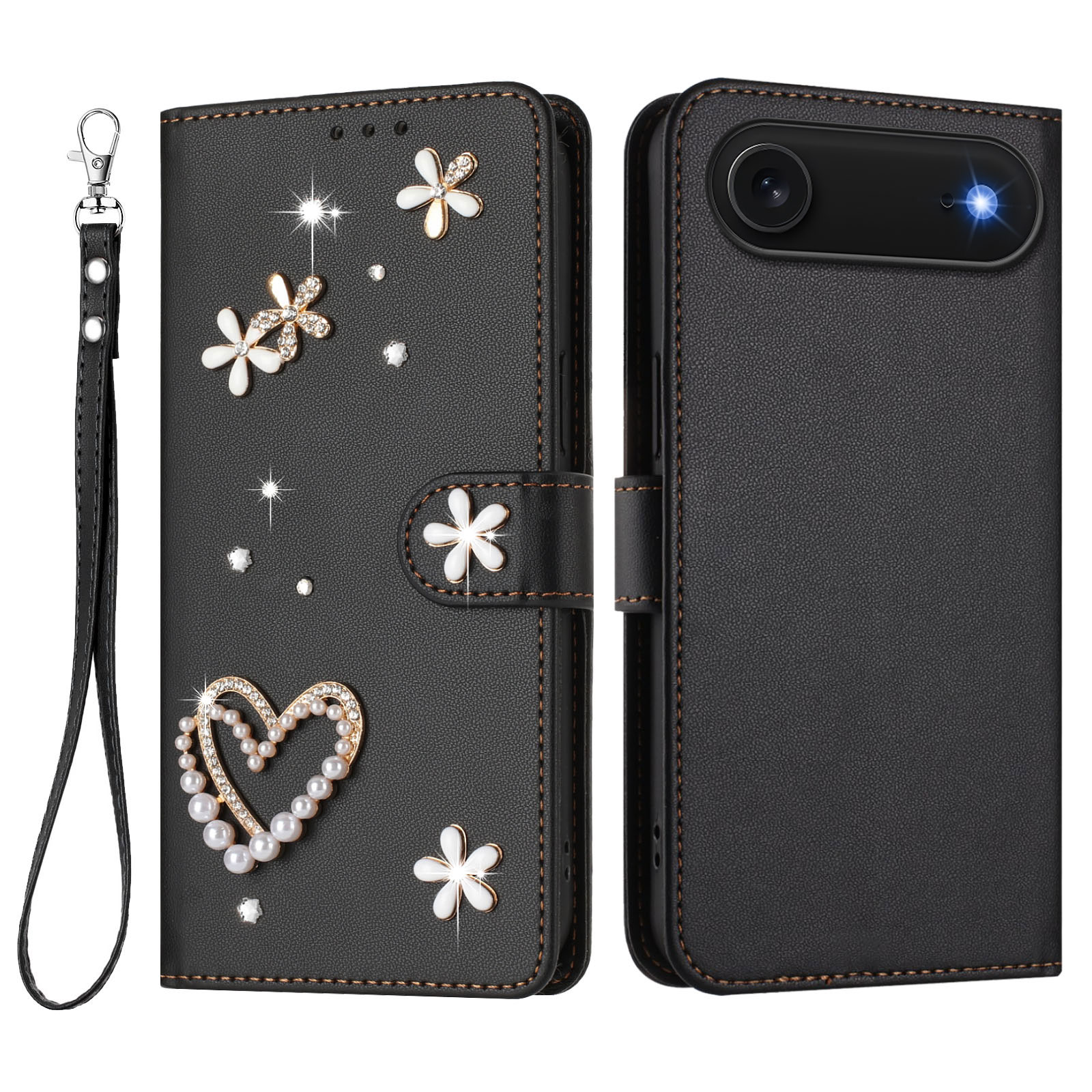 For iPhone Air Case Pearls Heart Diamond Flower Decor Leather Wallet Phone Cover with Wrist Strap - Black