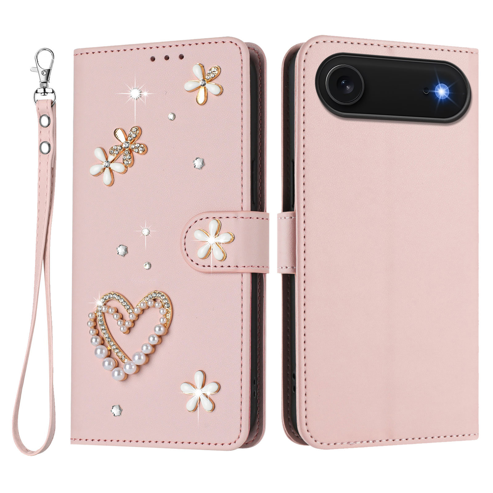 For iPhone Air Case Pearls Heart Diamond Flower Decor Leather Wallet Phone Cover with Wrist Strap - Pink