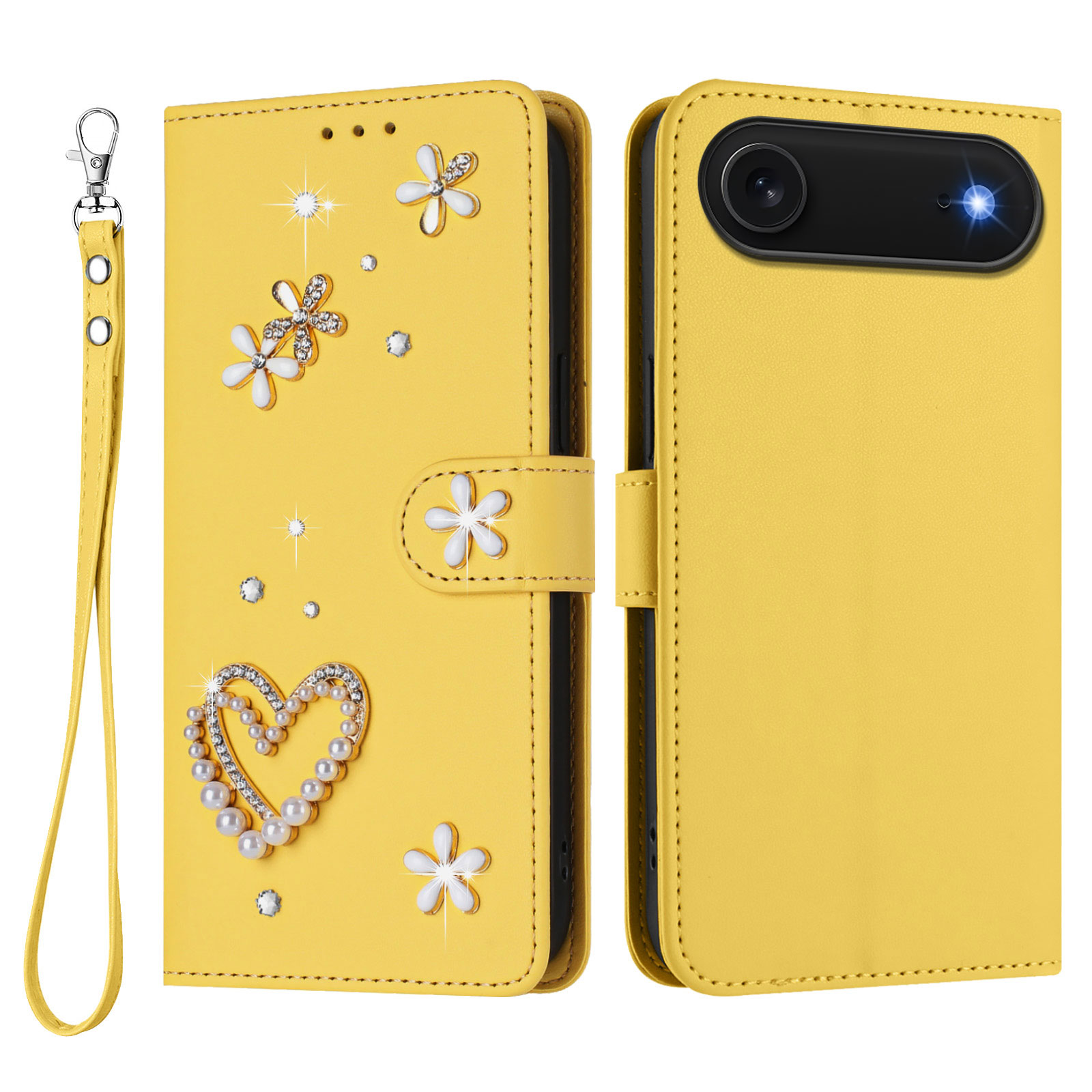 For iPhone Air Case Pearls Heart Diamond Flower Decor Leather Wallet Phone Cover with Wrist Strap - Yellow