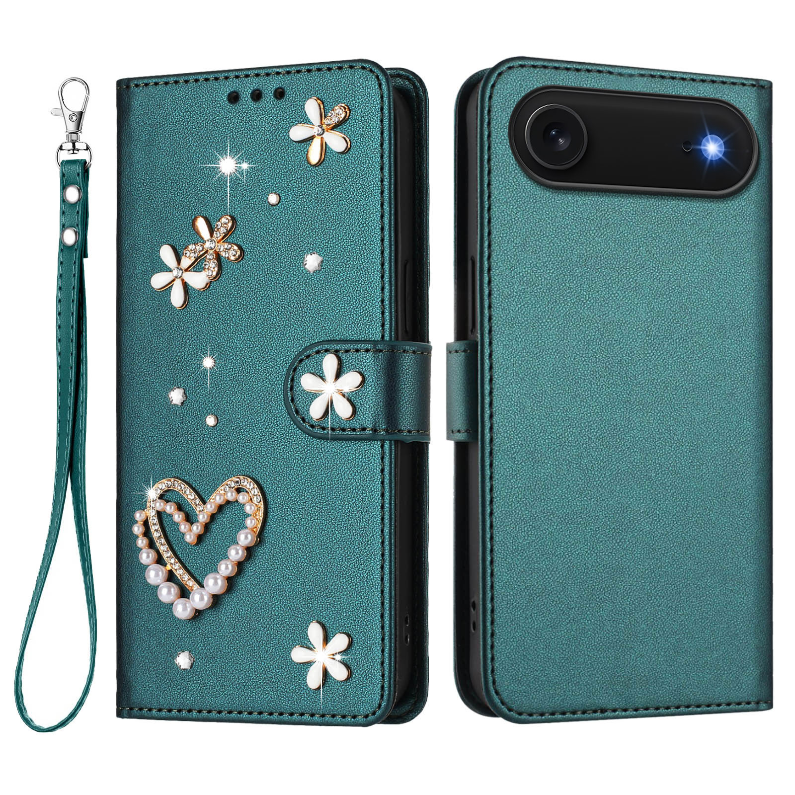 For iPhone Air Case Pearls Heart Diamond Flower Decor Leather Wallet Phone Cover with Wrist Strap - Green