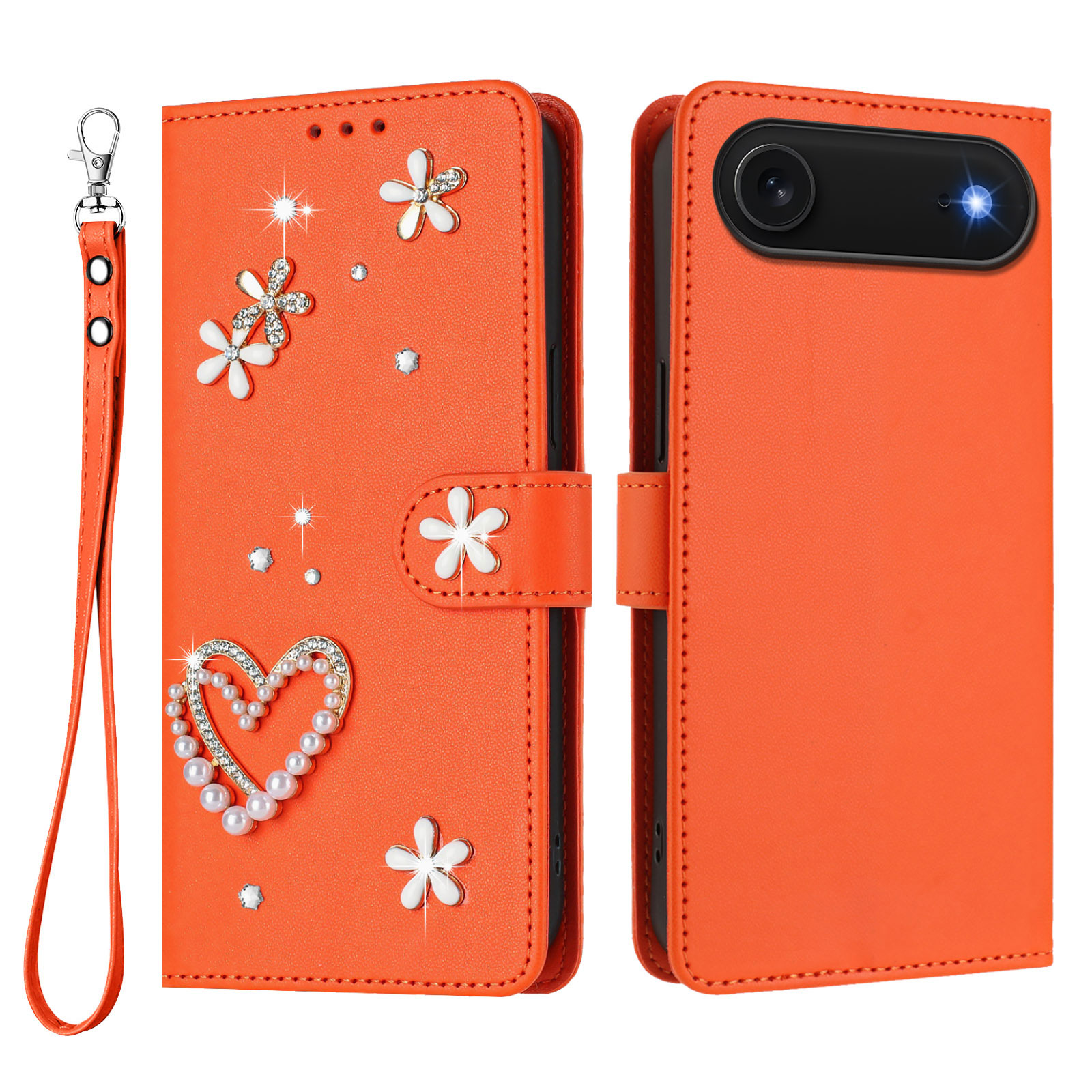 For iPhone Air Case Pearls Heart Diamond Flower Decor Leather Wallet Phone Cover with Wrist Strap - Orange
