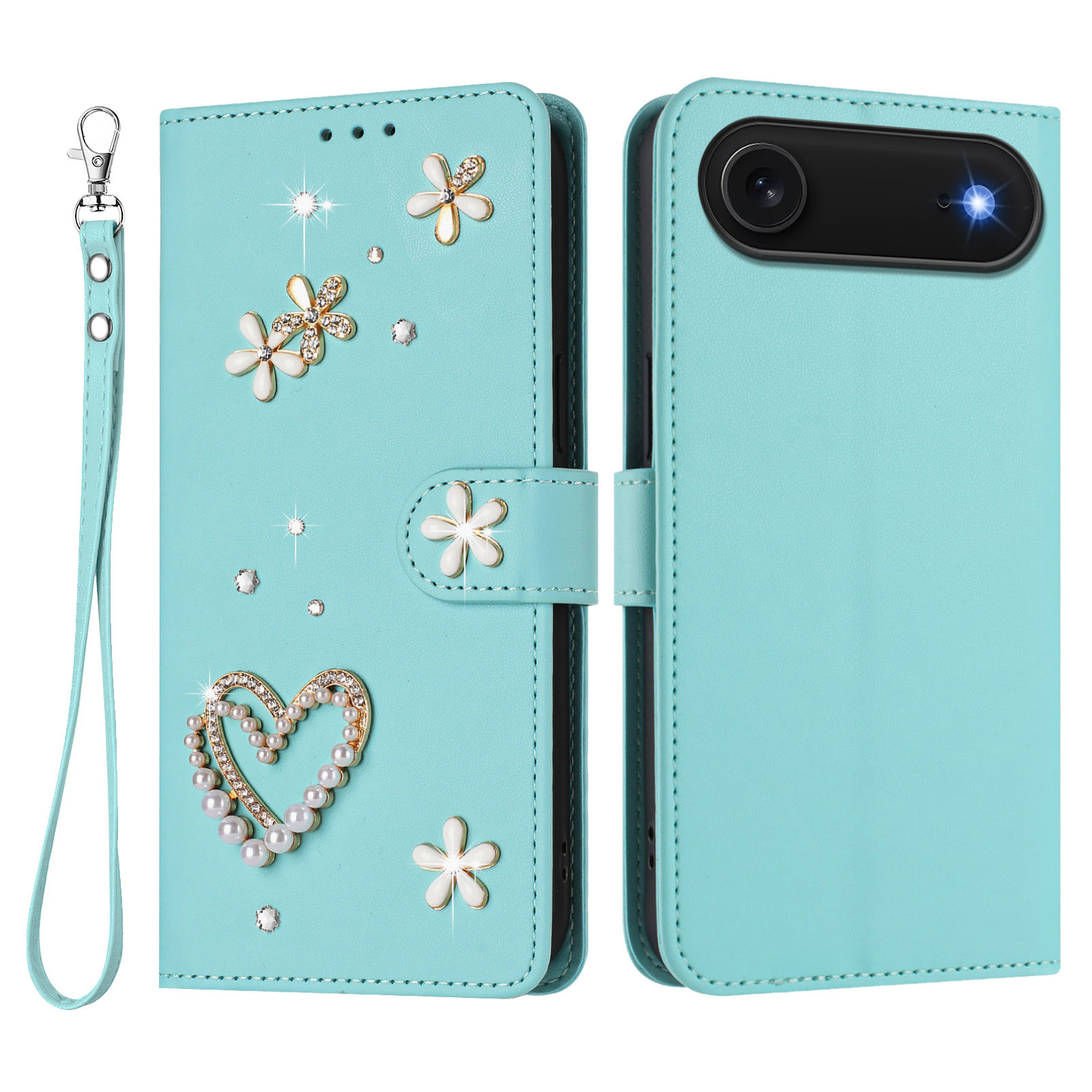 For iPhone Air Case Pearls Heart Diamond Flower Decor Leather Wallet Phone Cover with Wrist Strap - Mint Green
