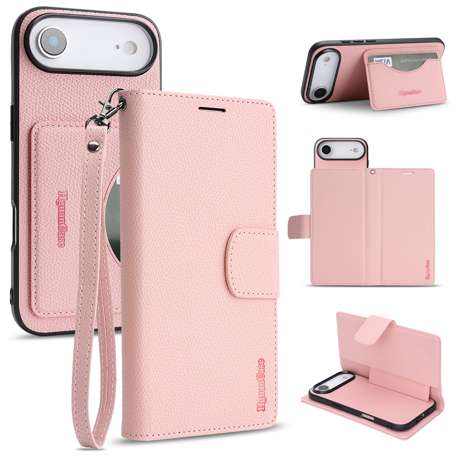 For iPhone Air HGUANCASE Case Wallet Stand Detachable Vintage Leather Phone Cover with Wrist Strap - Pink