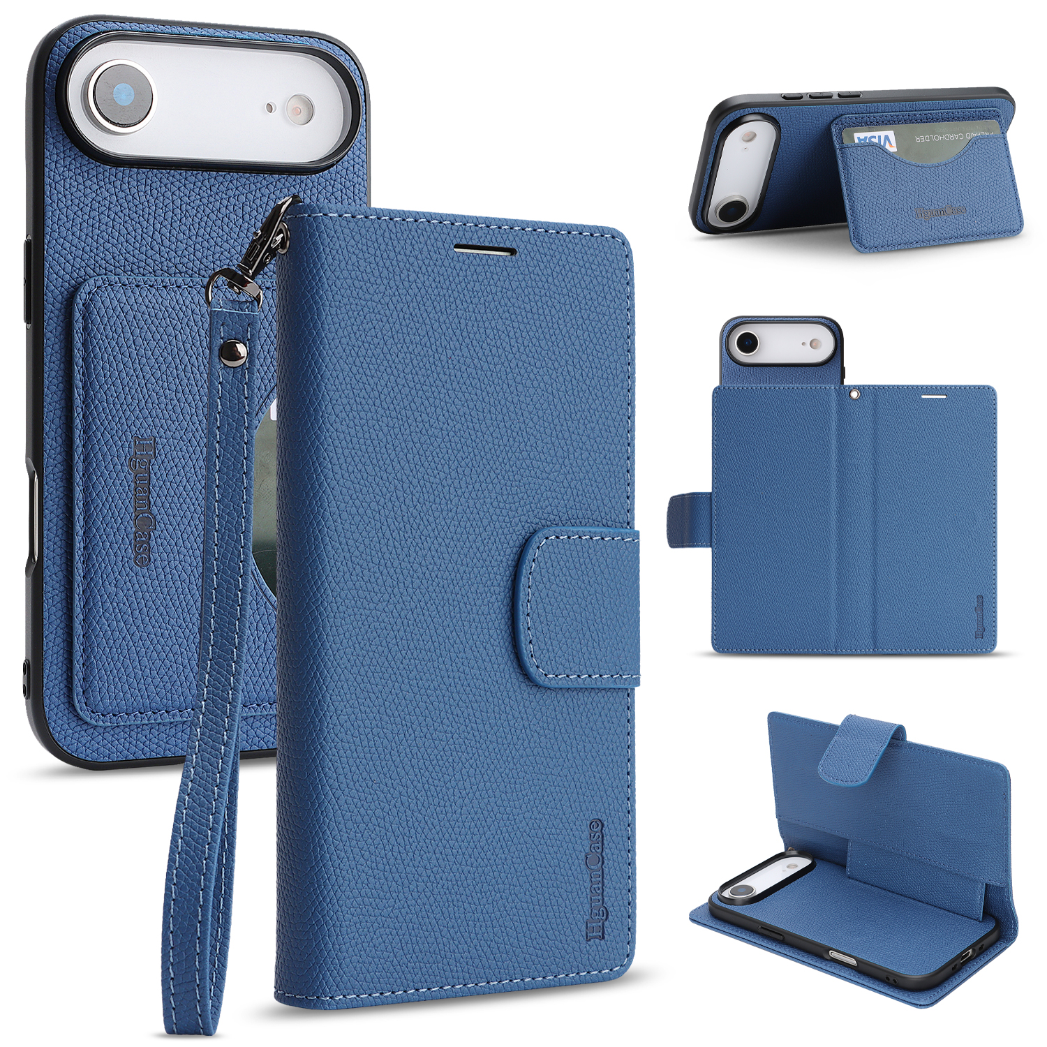 For iPhone Air HGUANCASE Case Wallet Stand Detachable Vintage Leather Phone Cover with Wrist Strap - Blue