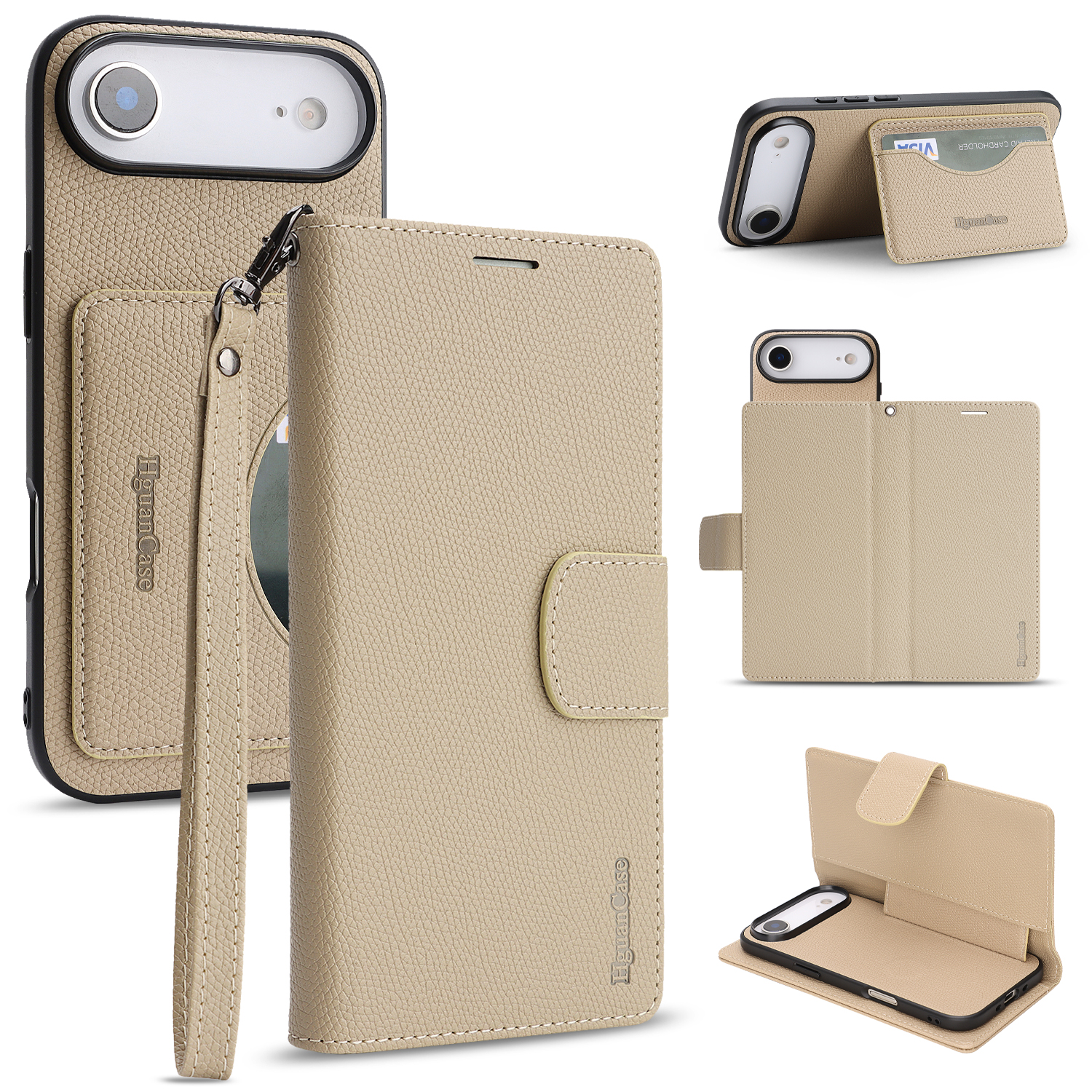 For iPhone Air HGUANCASE Case Wallet Stand Detachable Vintage Leather Phone Cover with Wrist Strap - Apricot