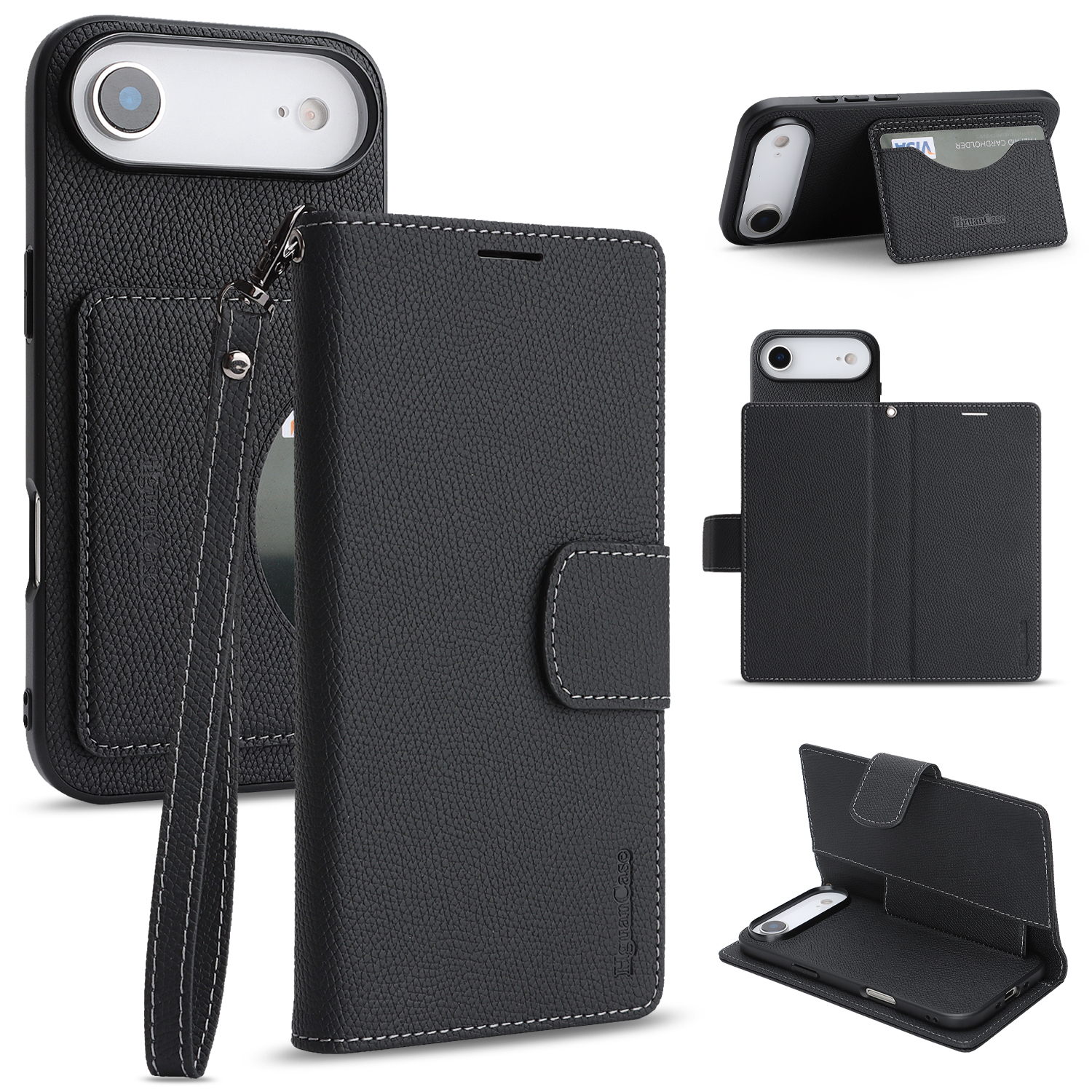 For iPhone Air HGUANCASE Case Wallet Stand Detachable Vintage Leather Phone Cover with Wrist Strap - Black
