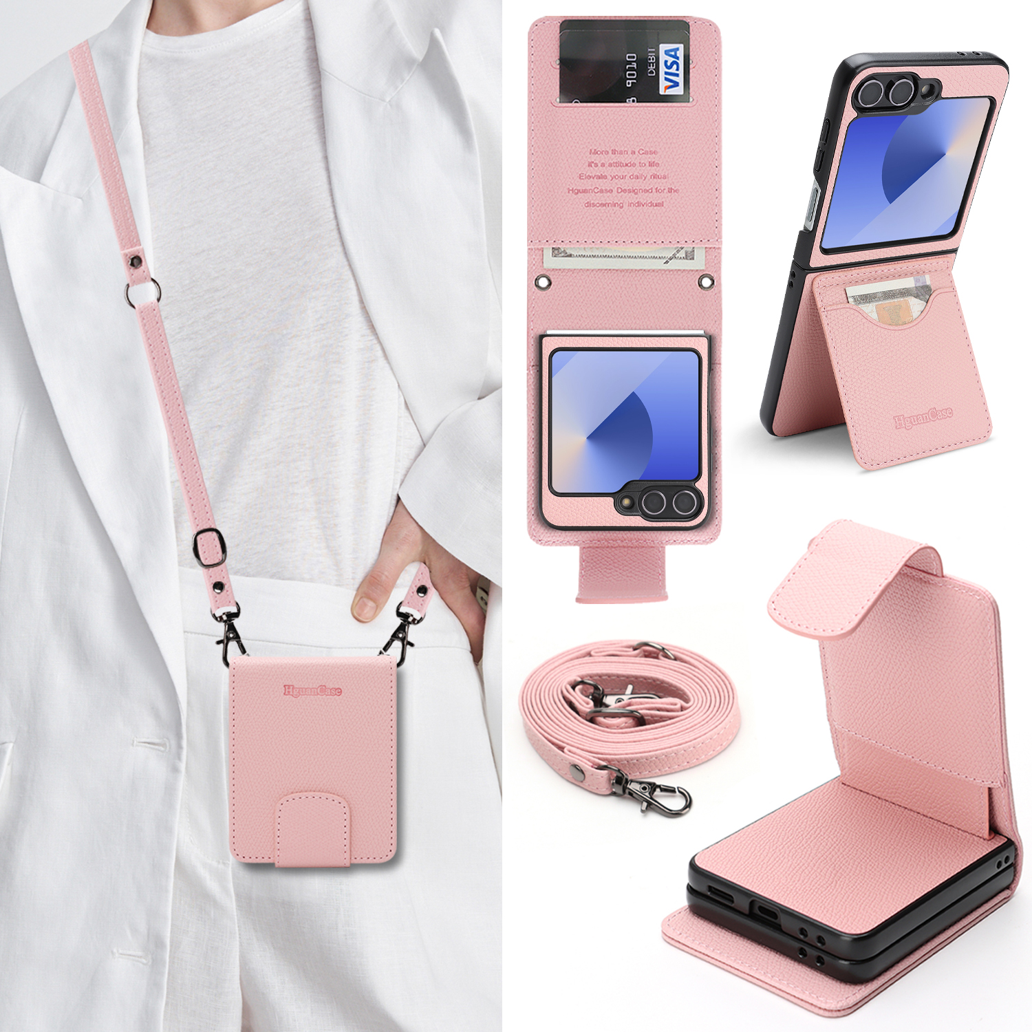 For Samsung Galaxy Z Flip7 FE 5G / Galaxy Z Flip6 5G HGUANCASE Case Wallet Stand Detachable Vintage Leather Phone Cover with Wrist Strap - Pink