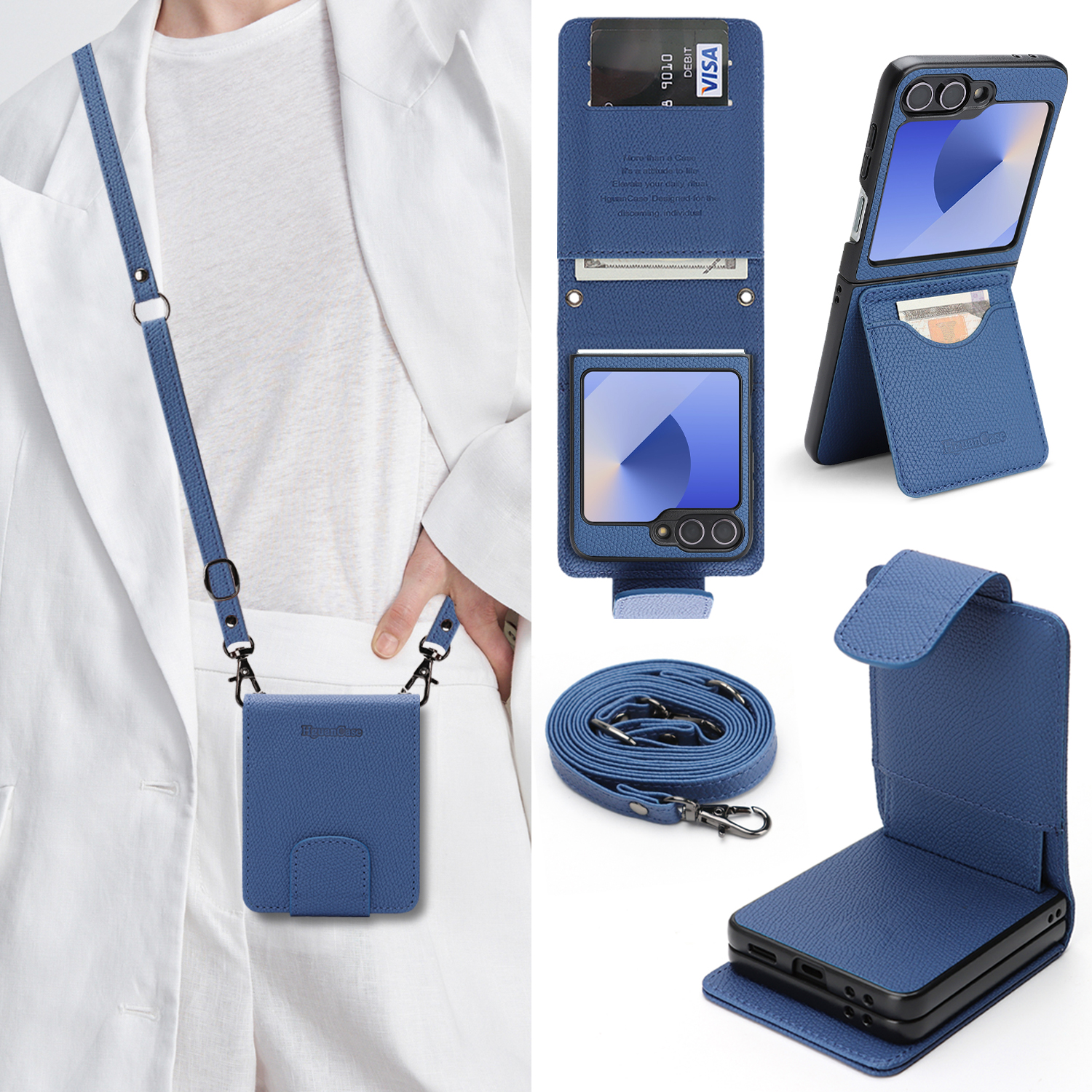 For Samsung Galaxy Z Flip7 FE 5G / Galaxy Z Flip6 5G HGUANCASE Case Wallet Stand Detachable Vintage Leather Phone Cover with Wrist Strap - Blue