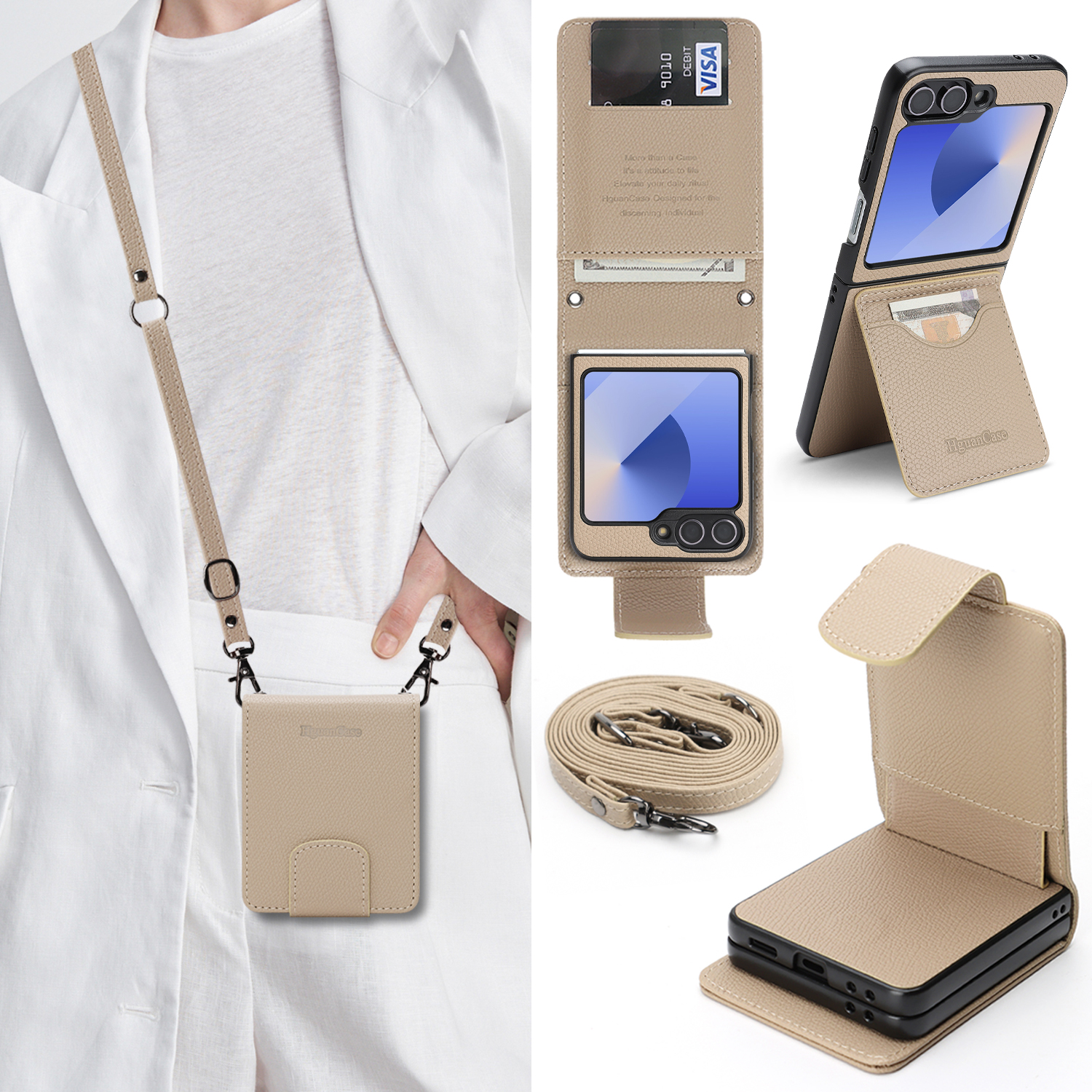For Samsung Galaxy Z Flip7 FE 5G / Galaxy Z Flip6 5G HGUANCASE Case Wallet Stand Detachable Vintage Leather Phone Cover with Wrist Strap - Apricot