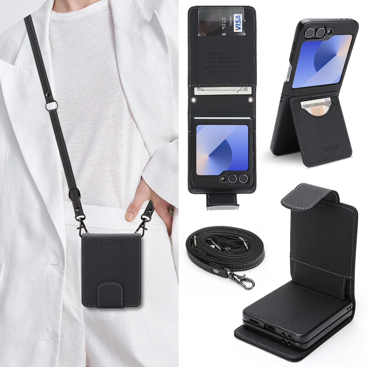 For Samsung Galaxy Z Flip7 FE 5G / Galaxy Z Flip6 5G HGUANCASE Case Wallet Stand Detachable Vintage Leather Phone Cover with Wrist Strap - Black
