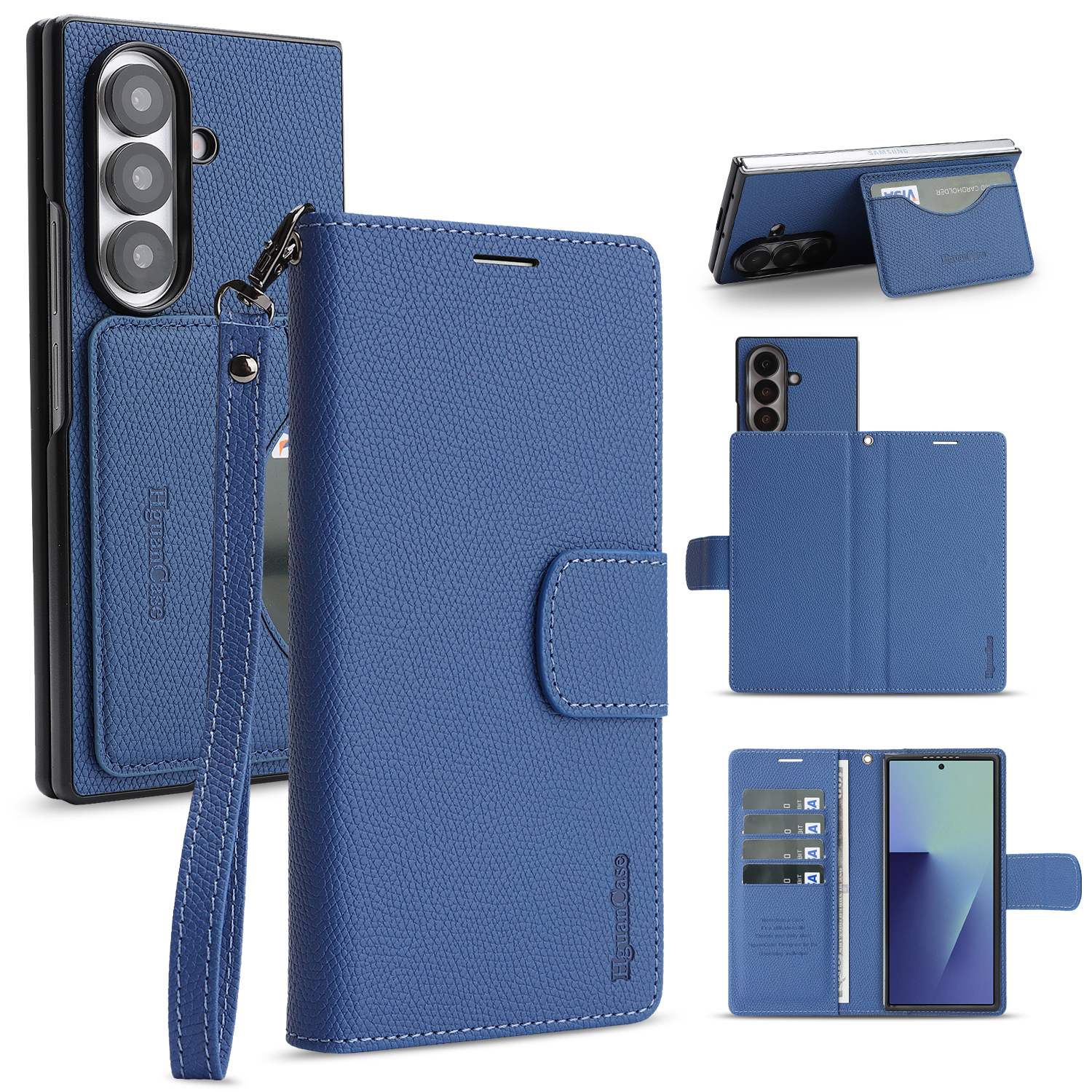 For Samsung Galaxy Z Fold6 5G HGUANCASE Case Wallet Stand Detachable Vintage Leather Phone Cover with Wrist Strap - Blue