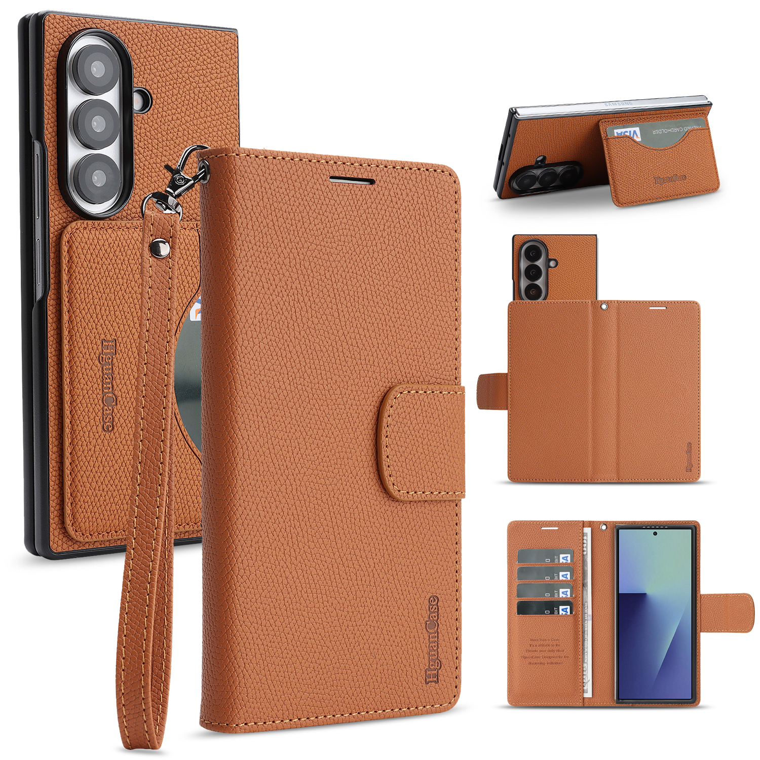 For Samsung Galaxy Z Fold6 5G HGUANCASE Case Wallet Stand Detachable Vintage Leather Phone Cover with Wrist Strap - Brown