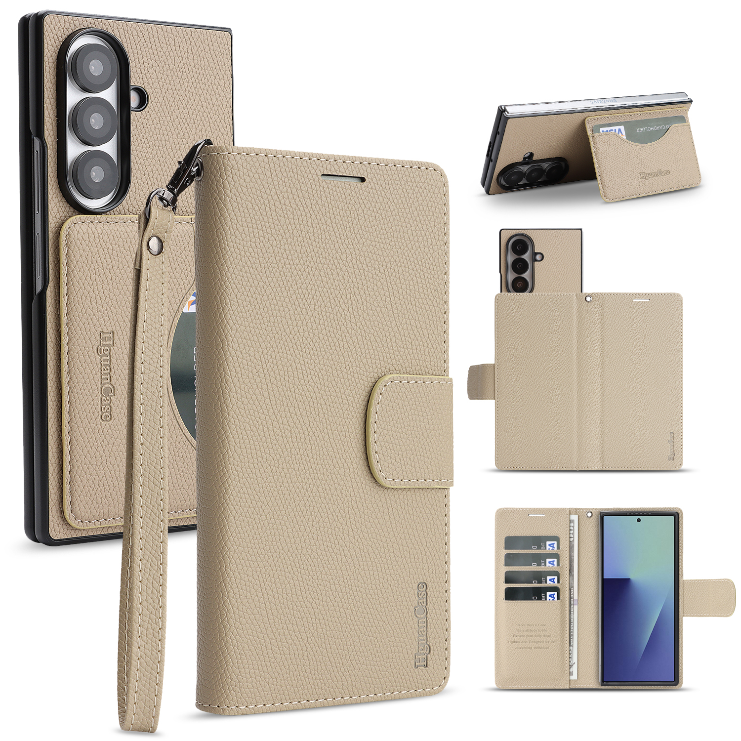 For Samsung Galaxy Z Fold6 5G HGUANCASE Case Wallet Stand Detachable Vintage Leather Phone Cover with Wrist Strap - Apricot