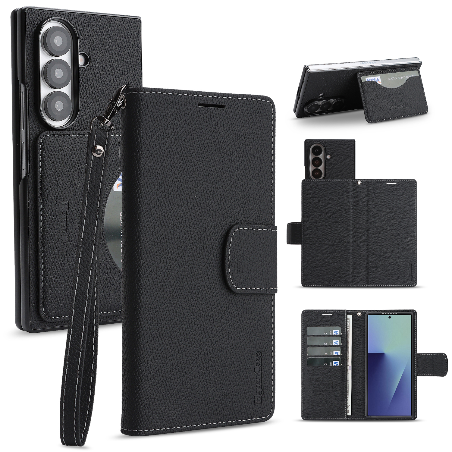 For Samsung Galaxy Z Fold6 5G HGUANCASE Case Wallet Stand Detachable Vintage Leather Phone Cover with Wrist Strap - Black