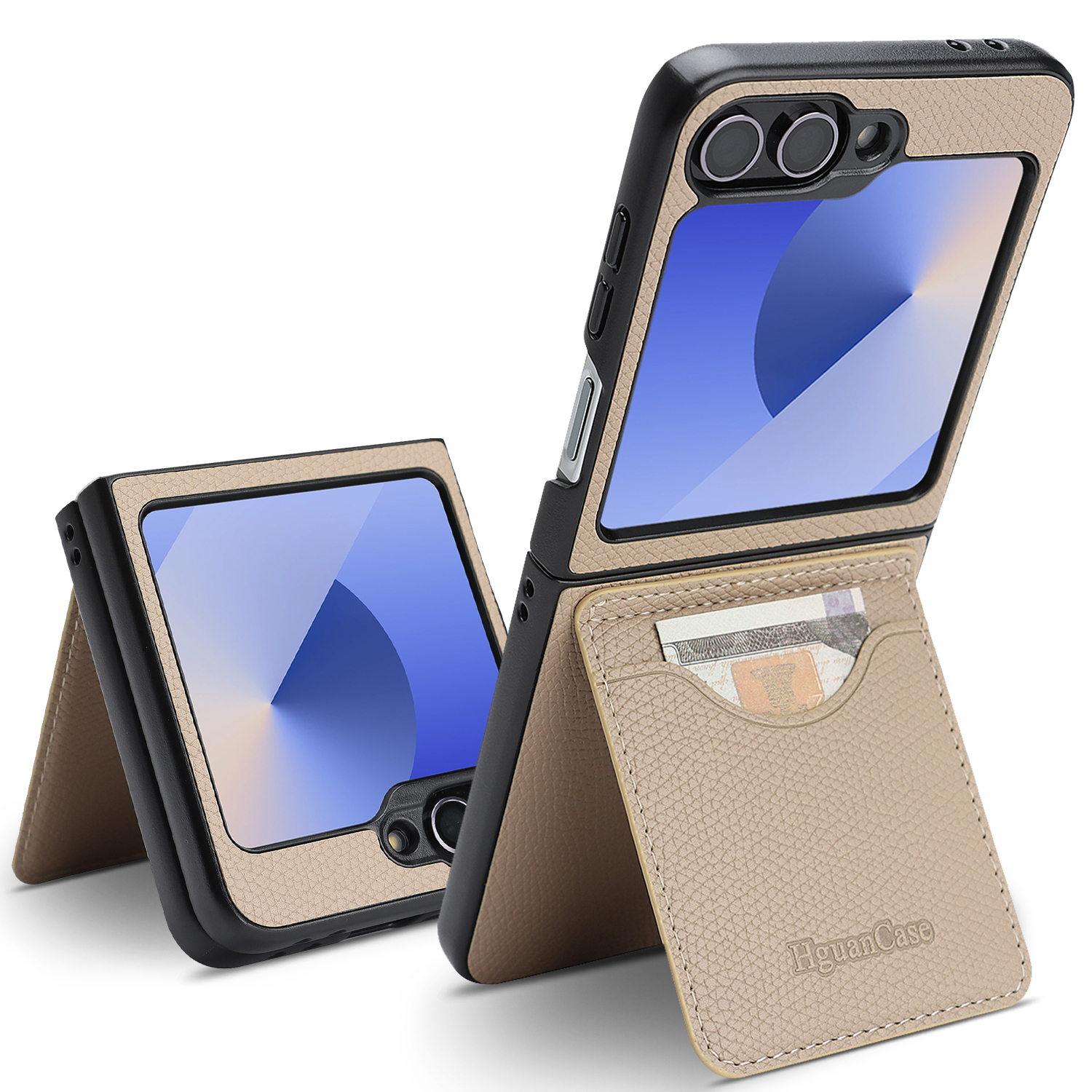 For Samsung Galaxy Z Flip6 5G / Galaxy Z Flip7 FE 5G HGUANCASE Case Vintage Leather TPU Phone Cover with Magnetic Card Holder Kickstand - Apricot