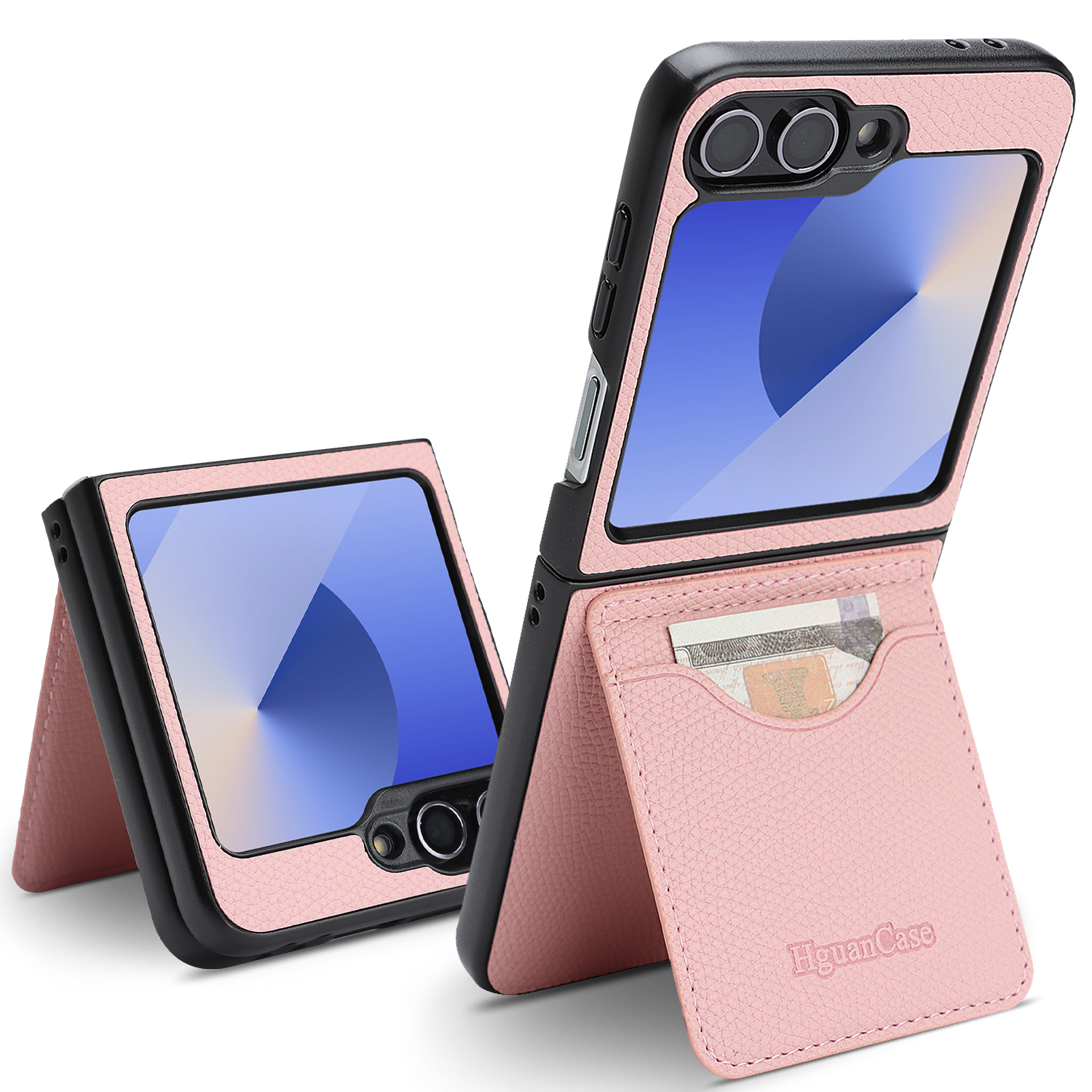 For Samsung Galaxy Z Flip6 5G / Galaxy Z Flip7 FE 5G HGUANCASE Case Vintage Leather TPU Phone Cover with Magnetic Card Holder Kickstand - Pink