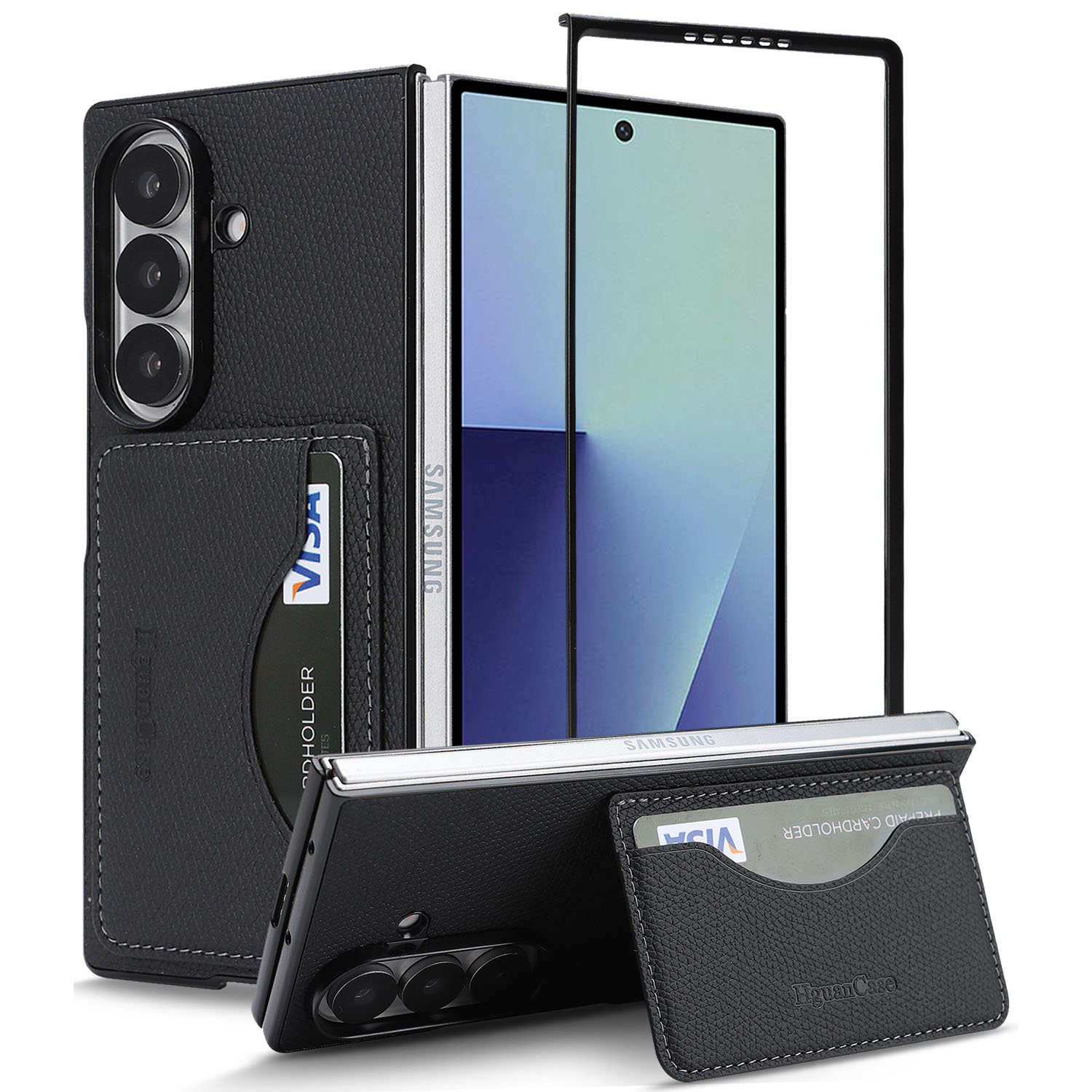 For Samsung Galaxy Z Fold6 5G HGUANCASE Case Vintage Leather TPU Phone Cover with Magnetic Card Holder Kickstand - Black