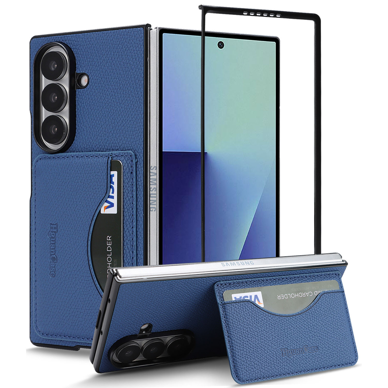 For Samsung Galaxy Z Fold6 5G HGUANCASE Case Vintage Leather TPU Phone Cover with Magnetic Card Holder Kickstand - Blue