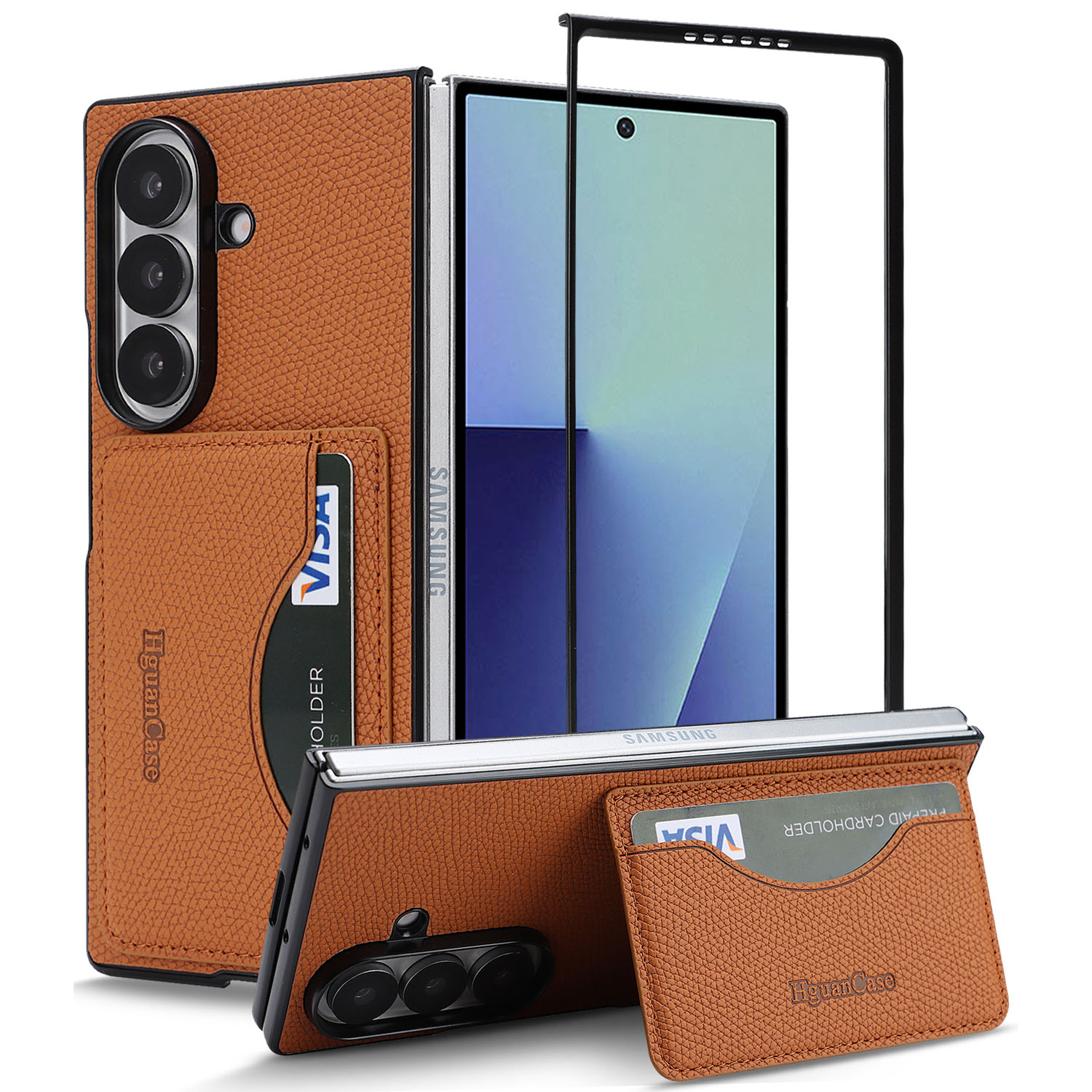 For Samsung Galaxy Z Fold6 5G HGUANCASE Case Vintage Leather TPU Phone Cover with Magnetic Card Holder Kickstand - Brown