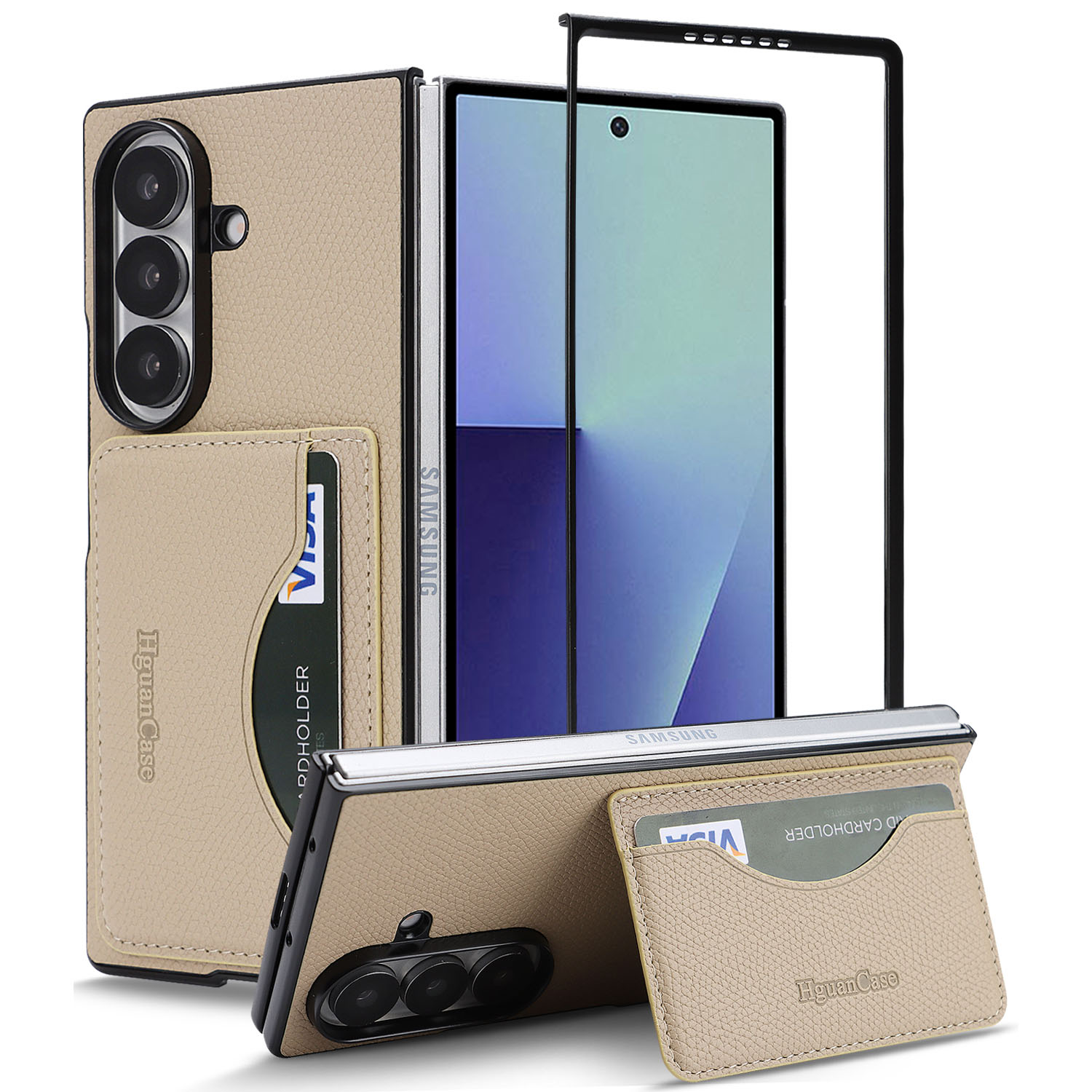 For Samsung Galaxy Z Fold6 5G HGUANCASE Case Vintage Leather TPU Phone Cover with Magnetic Card Holder Kickstand - Apricot