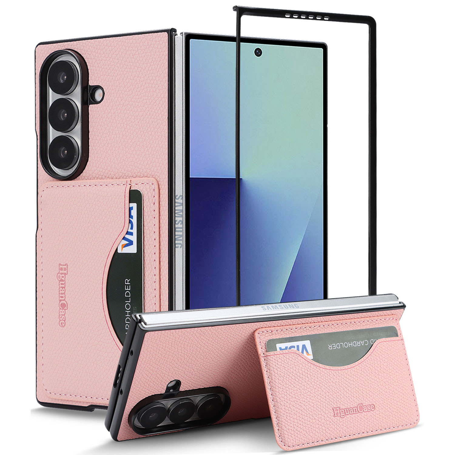 For Samsung Galaxy Z Fold6 5G HGUANCASE Case Vintage Leather TPU Phone Cover with Magnetic Card Holder Kickstand - Pink