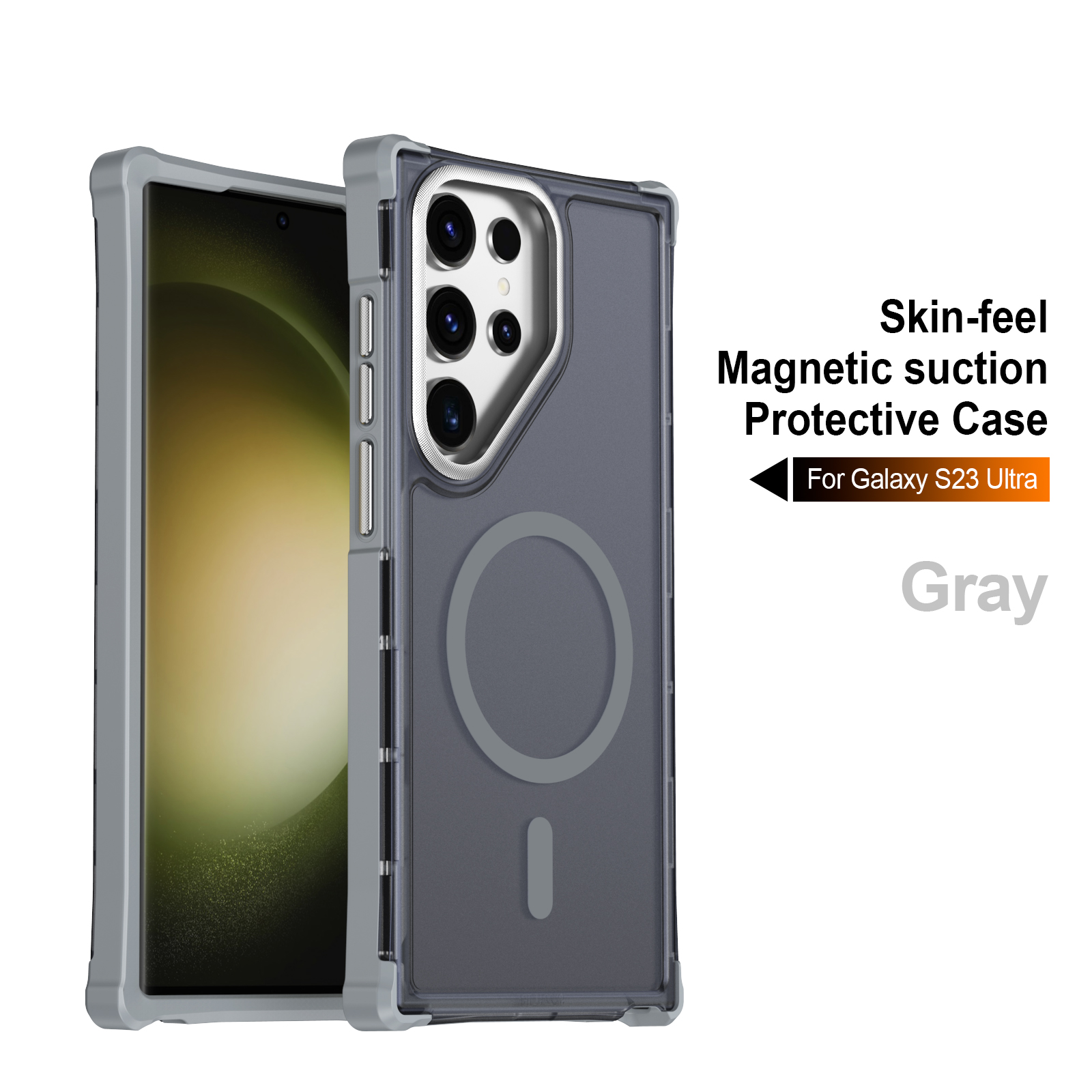 For Samsung Galaxy S23 Ultra Magnetic Case Electroplated Frame Skin-touch TPU+PC Phone Cover - Grey