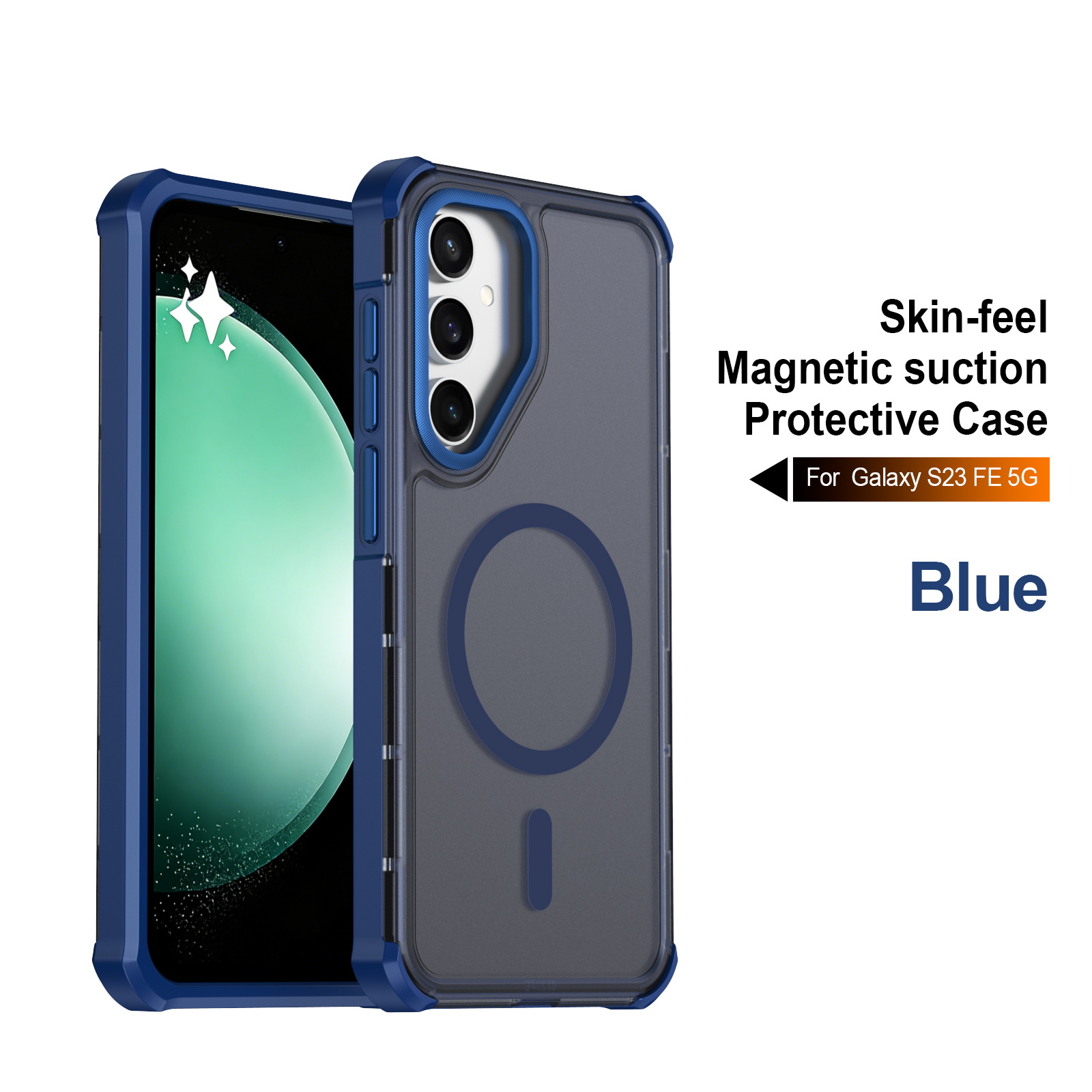For Samsung Galaxy S23 FE Magnetic Case Electroplated Frame Skin-touch TPU+PC Phone Cover - Blue