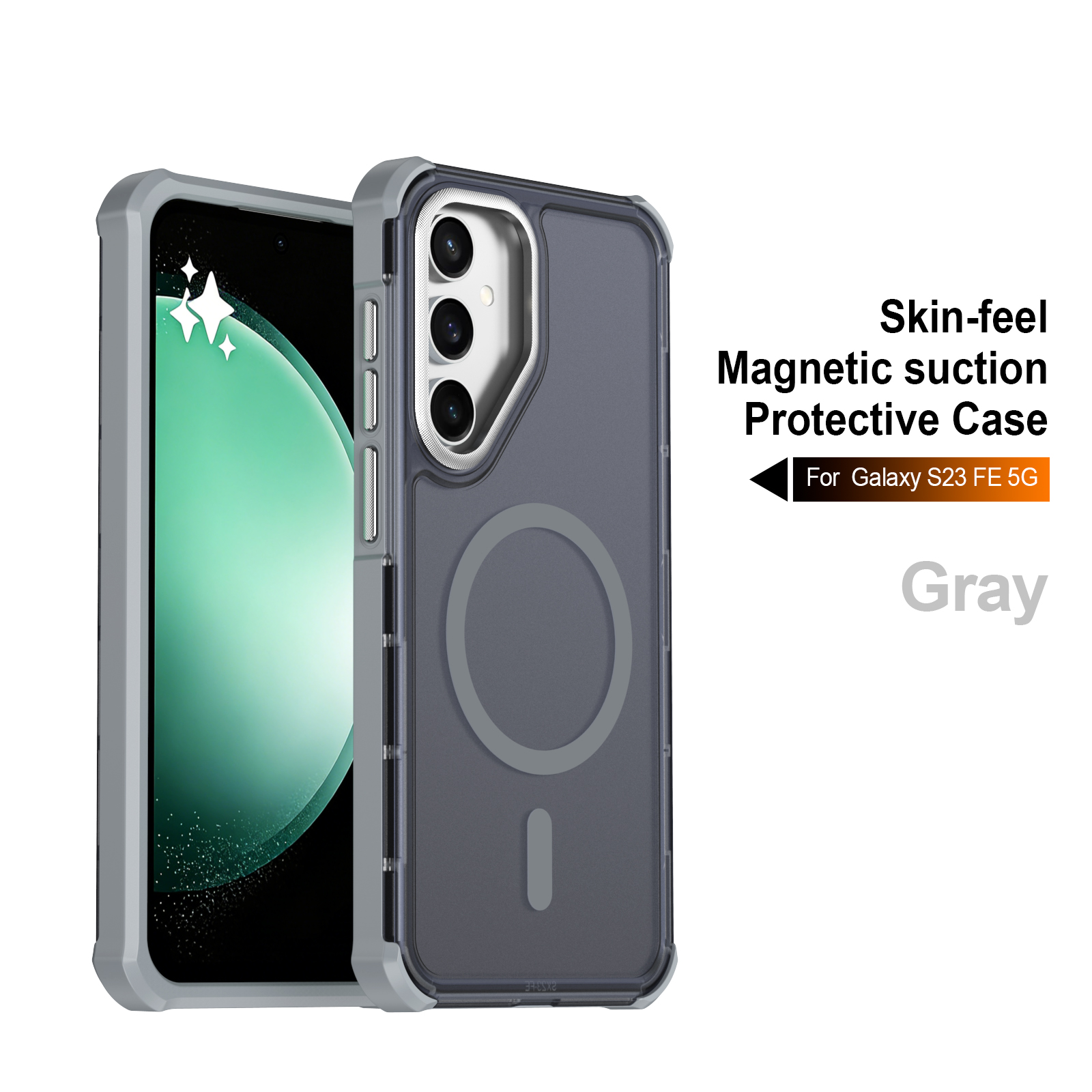 For Samsung Galaxy S23 FE Magnetic Case Electroplated Frame Skin-touch TPU+PC Phone Cover - Grey