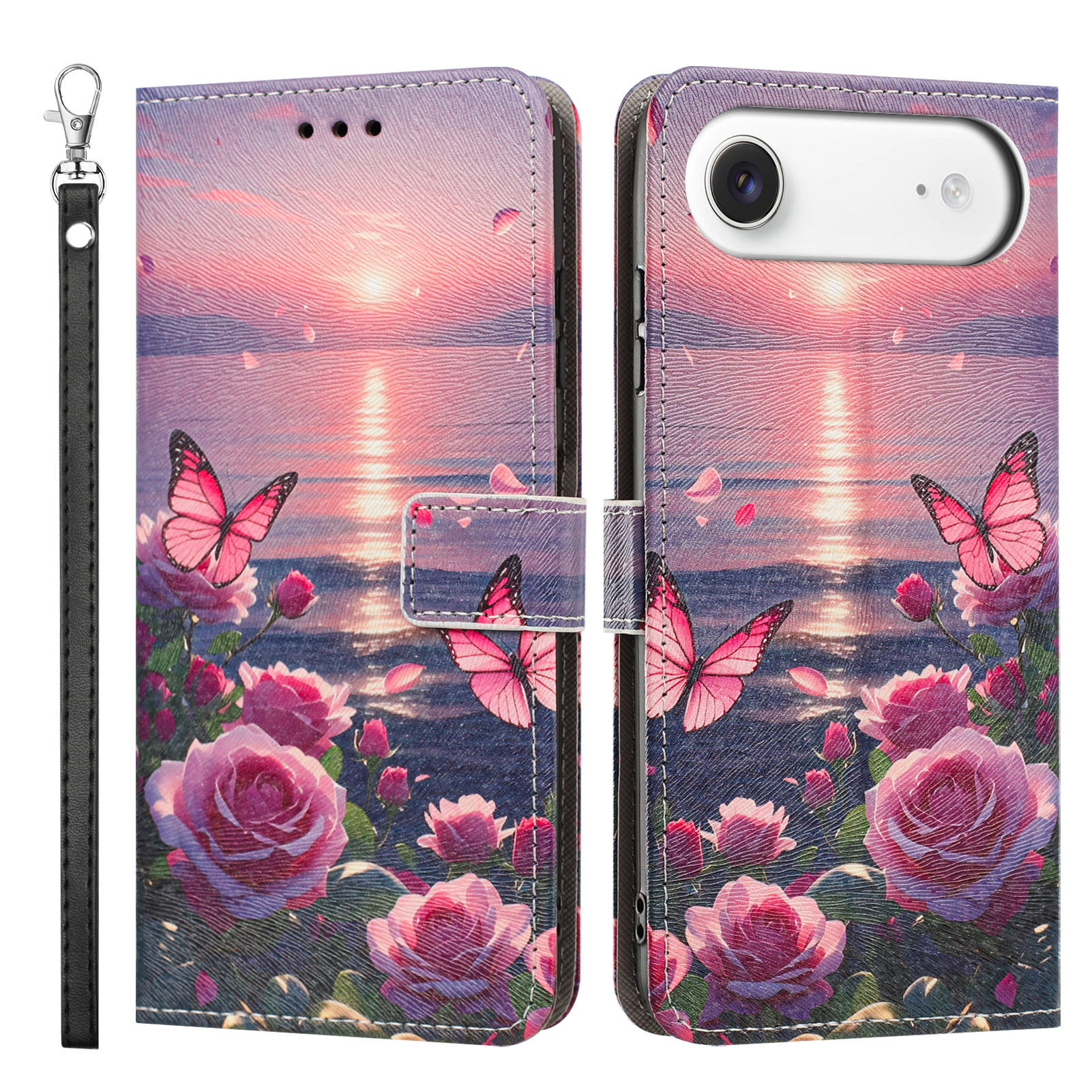 For iPhone Air Case Pattern Printing PU Leather Flip Wallet Phone Cover with Wrist Strap - Rose Butterfly