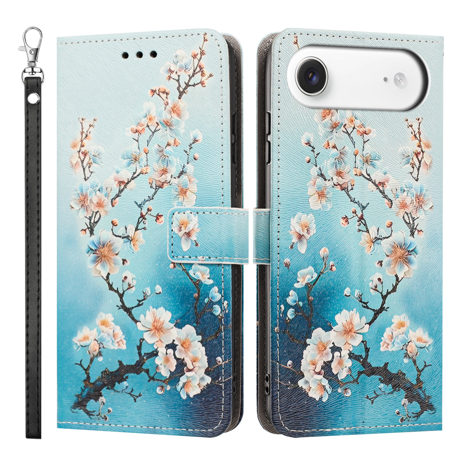 For iPhone Air Case Pattern Printing PU Leather Flip Wallet Phone Cover with Wrist Strap - Plum Bossom