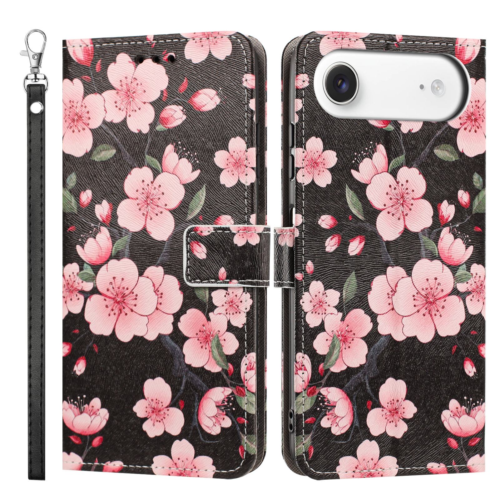 For iPhone Air Case Pattern Printing PU Leather Flip Wallet Phone Cover with Wrist Strap - Cherry Blossoms