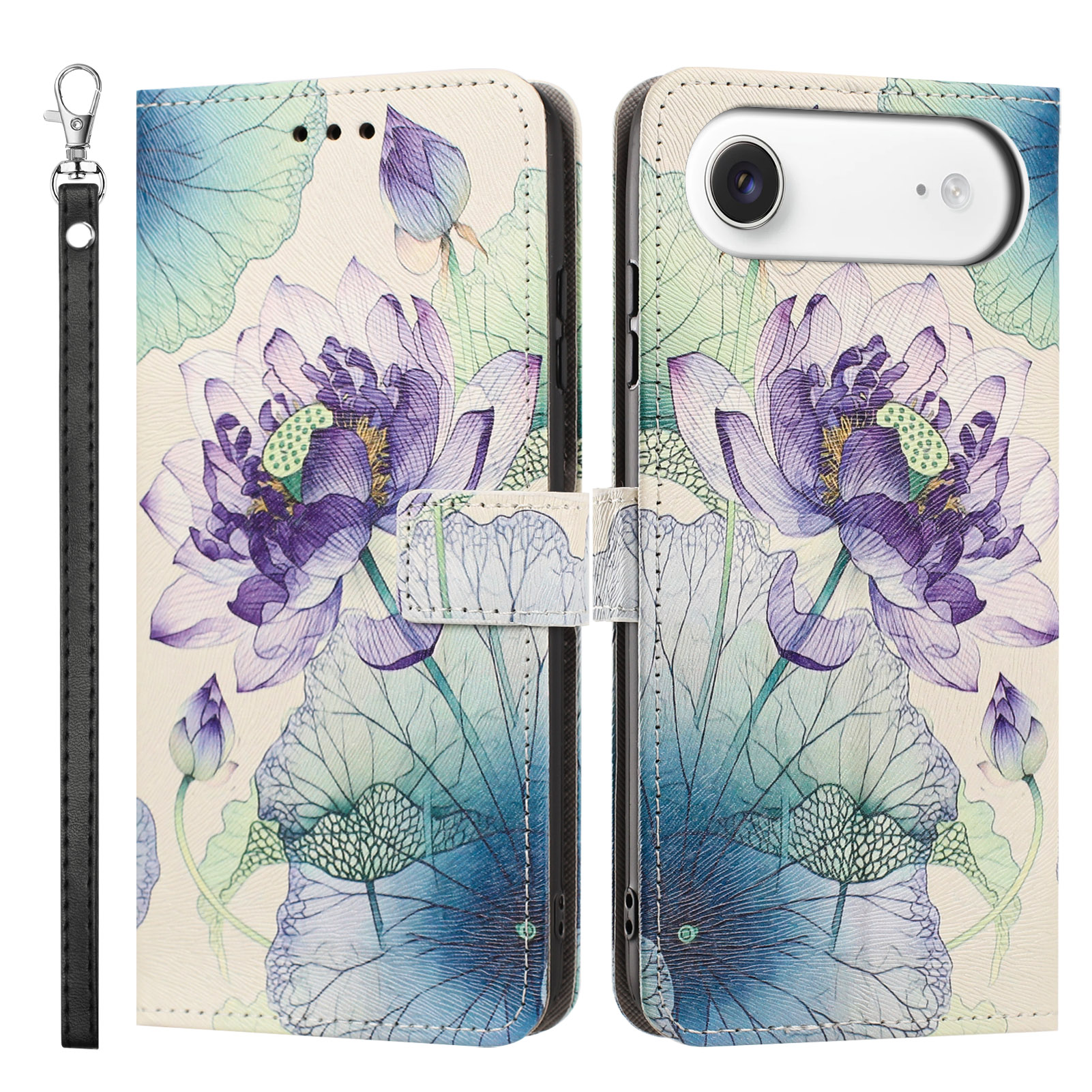 For iPhone Air Case Pattern Printing PU Leather Flip Wallet Phone Cover with Wrist Strap - Purple Lotus