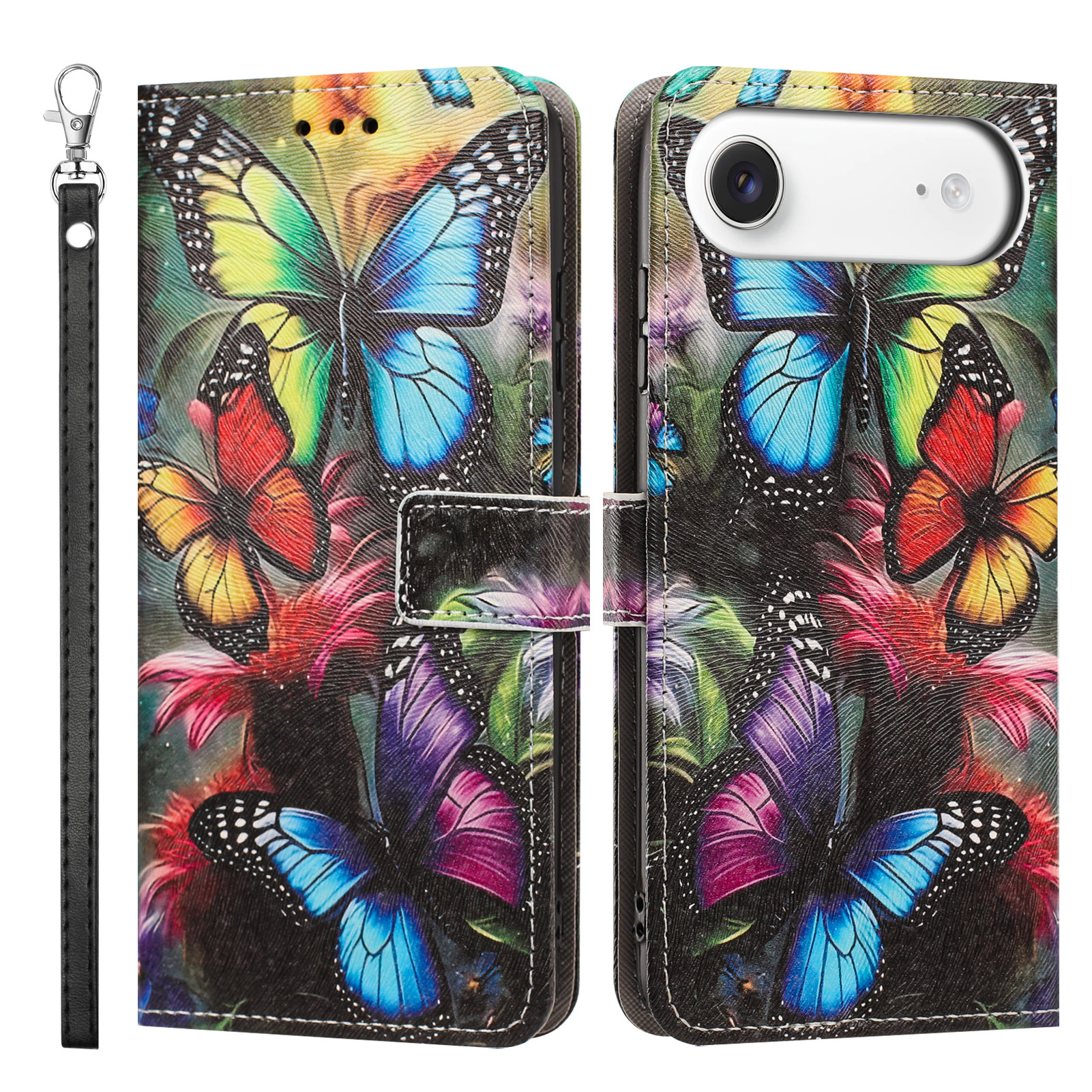 For iPhone Air Case Pattern Printing PU Leather Flip Wallet Phone Cover with Wrist Strap - Colorful Butterfly
