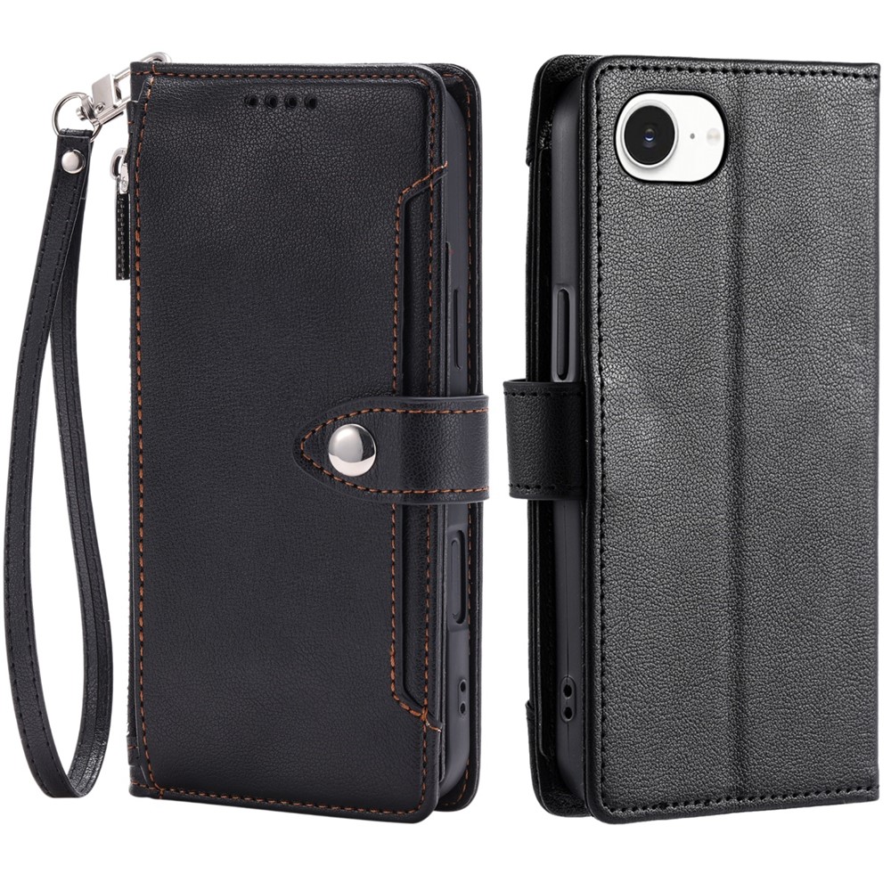 Wallet Case for iPhone SE (2022) / SE (2020) / iPhone 8 / 7 Litchi Texture Zipper Pocket Stand Leather Flip Phone Cover with Wrist Strap - Black
