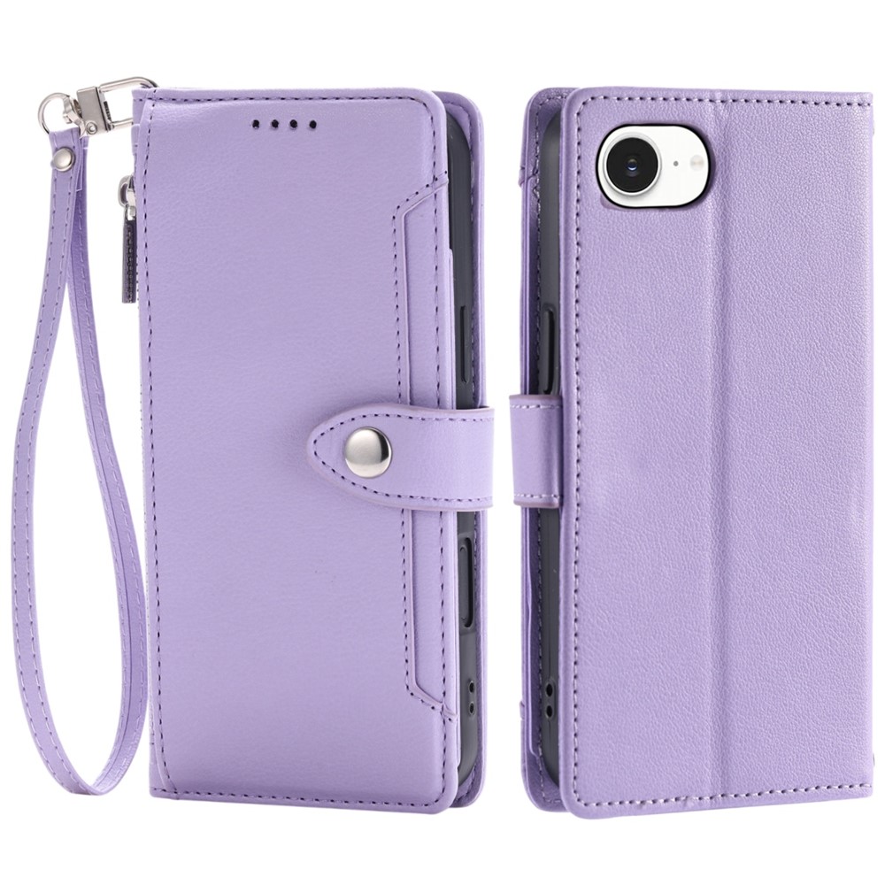 Wallet Case for iPhone SE (2022) / SE (2020) / iPhone 8 / 7 Litchi Texture Zipper Pocket Stand Leather Flip Phone Cover with Wrist Strap - Purple
