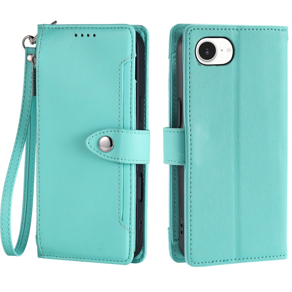 Wallet Case for iPhone SE (2022) / SE (2020) / iPhone 8 / 7 Litchi Texture Zipper Pocket Stand Leather Flip Phone Cover with Wrist Strap - Mint Green