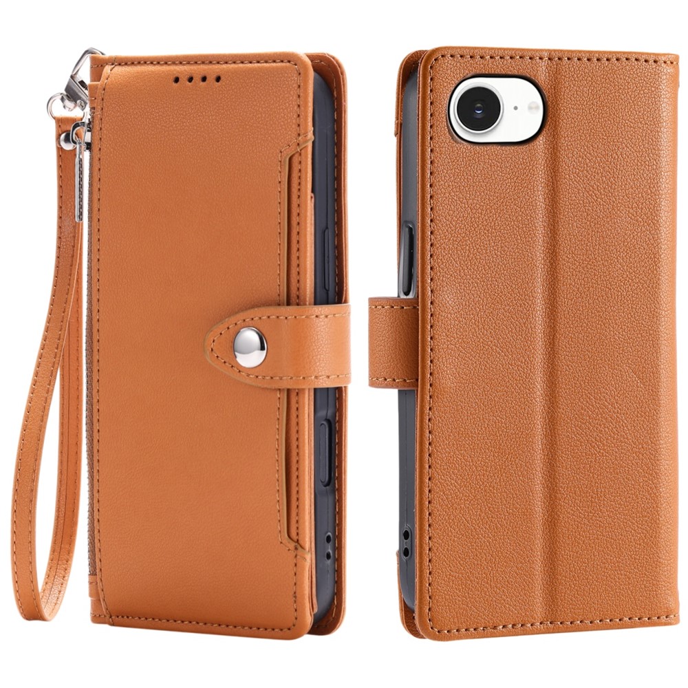 Wallet Case for iPhone SE (2022) / SE (2020) / iPhone 8 / 7 Litchi Texture Zipper Pocket Stand Leather Flip Phone Cover with Wrist Strap - Brown