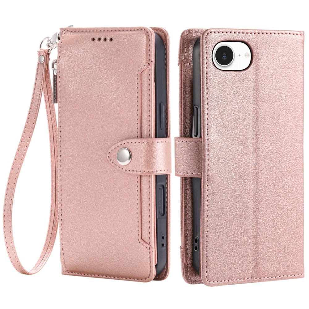 Wallet Case for iPhone SE (2022) / SE (2020) / iPhone 8 / 7 Litchi Texture Zipper Pocket Stand Leather Flip Phone Cover with Wrist Strap - Rose Gold