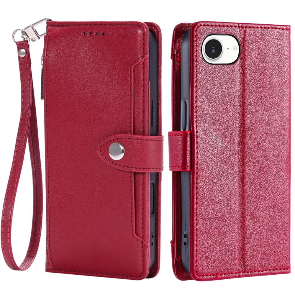 Wallet Case for iPhone SE (2022) / SE (2020) / iPhone 8 / 7 Litchi Texture Zipper Pocket Stand Leather Flip Phone Cover with Wrist Strap - Wine Red