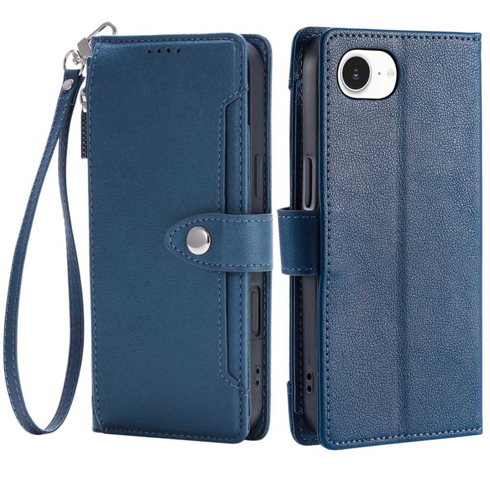 Wallet Case for iPhone SE (2022) / SE (2020) / iPhone 8 / 7 Litchi Texture Zipper Pocket Stand Leather Flip Phone Cover with Wrist Strap - Blue