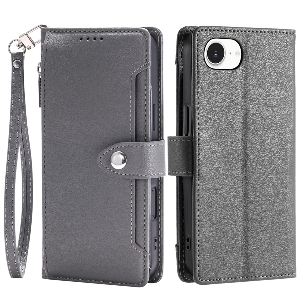 Wallet Case for iPhone SE (2022) / SE (2020) / iPhone 8 / 7 Litchi Texture Zipper Pocket Stand Leather Flip Phone Cover with Wrist Strap - Grey