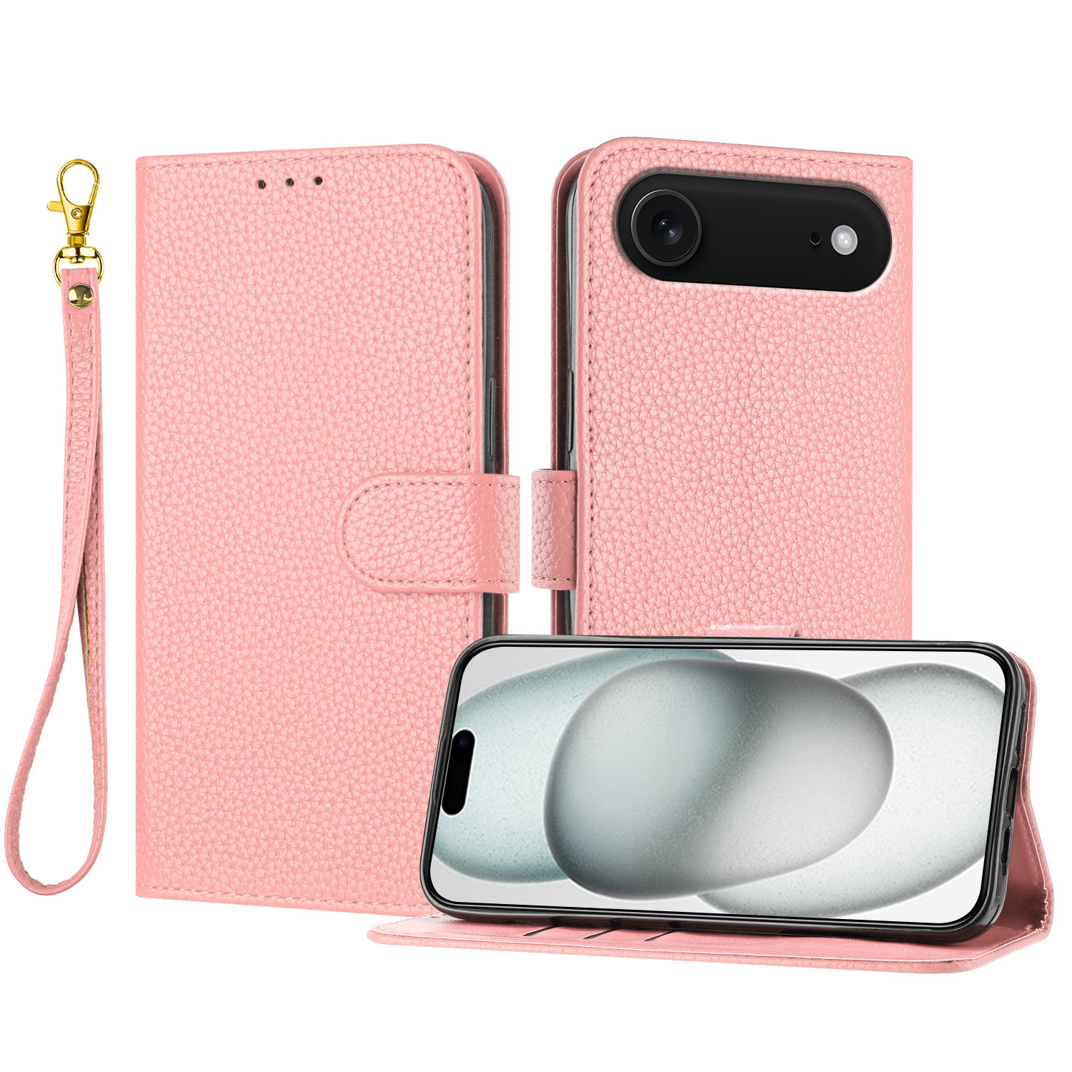 For iPhone Air Leather Case Litchi Texture Wallet Stand Anti Drop Phone Cover with Wrist Strap - Pink