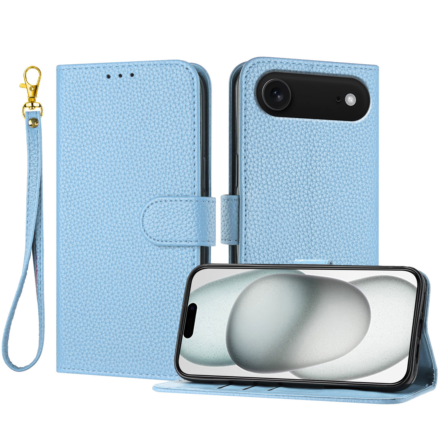For iPhone Air Leather Case Litchi Texture Wallet Stand Anti Drop Phone Cover with Wrist Strap - Blue