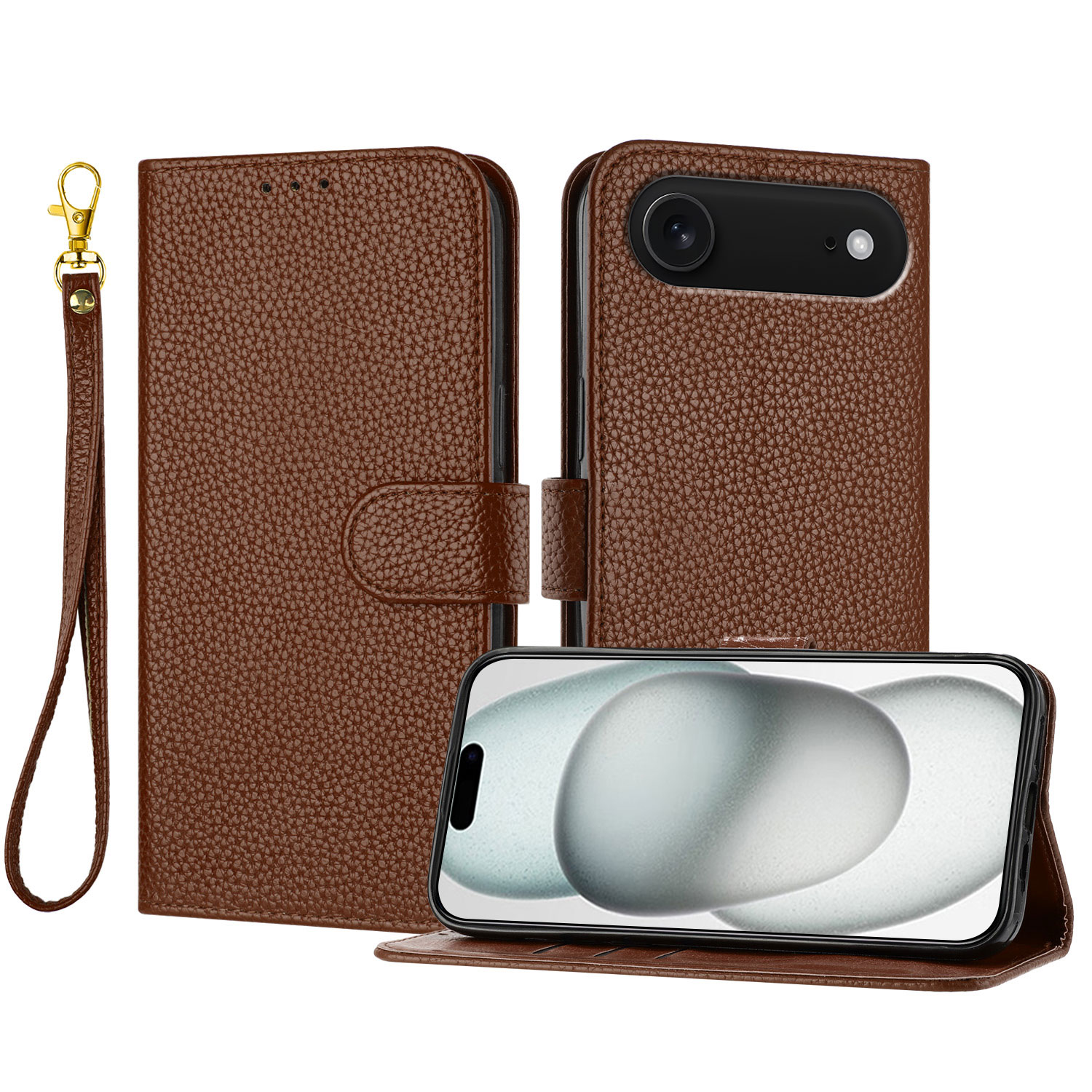 For iPhone Air Leather Case Litchi Texture Wallet Stand Anti Drop Phone Cover with Wrist Strap - Brown