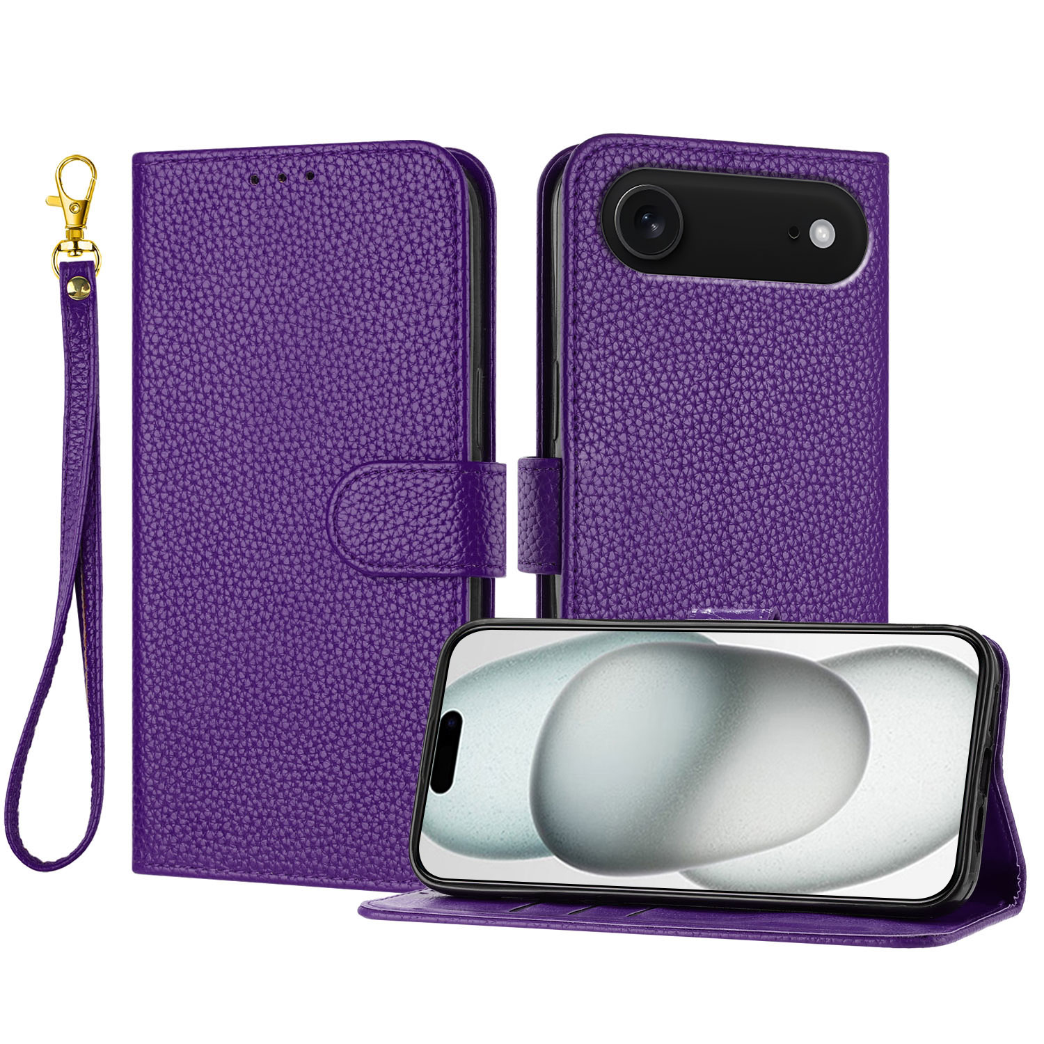 For iPhone Air Leather Case Litchi Texture Wallet Stand Anti Drop Phone Cover with Wrist Strap - Purple
